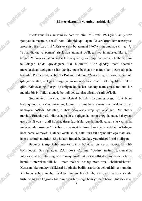 arning o‘rni” maqolasida intertekstuallikkka quyidagicha ta’rif beradi: “intertekstuallik bu – matn ma’nosi boshqa matn orqali shakllanishidir”. xususan, biz bunday birliklarni ko‘pincha badiiy asarlarda uchratishimiz mumkin. kitobxon uchun ushbu birliklar muhim hisoblanib, vaziyatni yanada yaxshi tushunishiga va kognitiv bilimini oshirib olishiga ham yordam beradi. intertekstual birliklar yozuvchi yoki shoirlarning ham kognitiv dunyoqarashi qanchalik yuqori ekanligini ham belgilab beradi. intertekstuallikning paydo bo‘lish omillarini filologlar rus tilshunosligiga tegishli deb hisoblashadi. shu jumladan juda ko‘p rus tilshunoslari intertekstuallik bo‘yicha tadqiqot olib borishgan. tadqiqotlar natijasida intertekstuallik atamasini o‘rganishda xilma-xilliklar ko‘zga tashlanadi. xususan, karaulov, gudkov kabi olimlar ushbu tushunchani pretsedent birlik bilan bog’laydi. torop esa intekst; artyunova, atlas, betextina, gak, dragunova sitata; zaarayskya, moskvin, perkas, polubichenko, semenova, fomenko, meer, moravskiy, stempel paratekst; genette, smirnov intermediallik, intersemiotiklik kabi atamalarni qo‘llaydilar[footnoteref:2]. aslini olganda olimlar matn ichida matn kelish holatini izohlash uchun foydalanishgan. lekin barchasining nomlanishi turlicha bo‘lsa-da, mohiyatida intertekstuallik yotadi. shuning uchun ham hozirda dunyo tilshunosligi terminologiyasida intertekstuallikka …