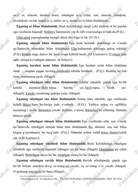 rish qiyin, ko‘nglini cho‘ktirish esa oson. bundan tashqari, ega so‘z birikmasi yoki gapga teng predikativ birlik bilan ifodalanadi. eganing so‘z birikmasi bilan ifodalanishi. ega vazifasida so‘z birikmasi kela oladi: haqiqat va to‘g‘rilikni sevadigan odam doim vijdoni farmoniga itoat qiladi. (“oz-oz o‘rganib dono bo‘lur”). eganing gapga teng predikativ birlik bilan ifodalanishi. ega-kesim munosabati aks etgan predikativ birlik ega vazifasida kela oladi: bilagi zo‘r birni yiqitadi, bilimi zo‘r – mingni (maqol). ega anglatgan predmetning predikativ belgisini ifodalaydigan, ega haqidagi hukmni bildiradigan bosh bo‘lak kesim deyiladi. kesim o‘zida predikativlikni aks ettiradigan, gapni grammatik jihatdan shakllantiradigan bosh bo‘lak hisoblanadi. kesim ifoda materialiga ko‘ra (qaysi so‘z turkumi bilan ifodalanishiga ko‘ra) ikki turga ajratiladi: 1) fe’l kesim; 2) ot kesim. fe’l kesim. turli fe’l shakllari bilan ifodalanadigan kesim fe’l kesim deb yuritiladi: yo‘l chetida zarg‘aldoqlar sayraydi. (p.q.). o‘rik qiyg‘os gullaganda, birdan havo sovib, laylakqor yog‘ib berdi. (p.q.). fe’l kesim ba’zan frazeologik ibora bilan ham ifodalanadi: tog‘ …