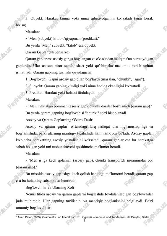 osiy va qaram gaplarni bog'lashda foydalaniladigan bog'lovchilar juda muhimdir. ular gapning tuzilishini va mantiqiy bog'lanishini belgilaydi. ba'zi umumiy bog'lovchilar: • va (und): ikki asosiy gapni bog'lashi mumkin. • lekin (aber): qarama-qarshi fikrlarni ifodalash uchun ishlatiladi. • chunki (weil): sababni ko'rsatish uchun ishlatiladi. • agar (wenn): shartli holatlarni ifodalash uchun ishlatiladi. misollar: • "men sport bilan shug'ullanaman (asosiy), lekin vaqtim yo'q (asosiy)." • "agar ob-havo yaxshi bo'lsa (qaram), piknik o'tkazamiz (asosiy)." satzreihe va satzgefüge nemis tilining asosiy tuzilmalari bo'lib, ularning farqlari va o'zaro ta'siri tilni yanada boyitadi. asosiy gaplar mustaqil bo'lishi bilan birga, qaram gaplar esa ularning ma'nosini kengaytirib, yanada aniqroq ifodalash imkonini beradi. bu tushunchalarni chuqurroq o'rganish nemis tilini o'rganayotganlarga yordam beradi va ularning muloqot qilish qobiliyatini rivojlantiradi. shu bilan birga, bu tushunchalar tarjima jarayonida ham muhim rol o'ynaydi, chunki nemis tilidan boshqa tillarga o'tishda ushbu tuzilmalarni to'g'ri anglash va qo'llash zarurdir. satzreihen und satzgefüge sind fundamentale bestandteile der deutschen …
