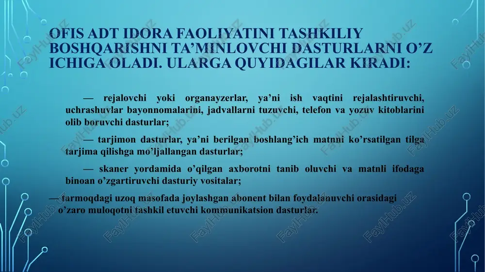 inchi amaliy dasturi paydo bo’ldi va u elektron jadvallar yangi avlodining yorqin yulduziga aylandi. powerpoint dasturi va uning imkoniyatlari bu dastur turli hil grafik ko’rinishdagi axborotlar bilan, video multimediya fayillari bilan ishlash imkoniyatini beradi. aynan shu dastur orqali biz ofis dasturlarining boshqalarida uchramaydigan imkoniyatlarga ega bo’lamiz. power point dadasturi rasm va multimediya fayllari bilan ishlash imkoniyatidan tashqari ularni namoyish etishda ham katta imkoniyatlarga ega. power point 2013 dasturini ishga tushirish uchun huddi boshqa ofis dasturlari singari windows muhitida «pusk» menyusidan foydalaniladi. kompyuterning grafik imkoniyatlari va ularning turlari operatsion tizimning barcha grafik obyektlari, shuningdek boshqa barcha tasvirlar qandaydir yo’l bilan kompyuterda hosil qilinishi yoki unga kiritilishi kerak. grafik tasvirlarni kompyuterga kiritish uchun mahsus tashqi (atrof) qurilmalari ishlatiladi. axborotni grafik shaklda ishlab chiqish, taqdim etish, ularga ishlov berish, shuningdek grafik obyektlar va fayllarda bo’lgan nografik obyektlar o’rtasida bog’lanish o’rnatishni informatikada kompyuter grafikasi deb atash qabul qilingan. kompyuter grafikasi uch turga bo’linadi: rastrli …