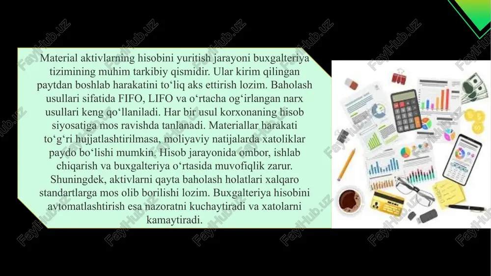 agona bazada saqlanadi. har bir bo‘lim o‘z faoliyatini aniq statistik ko‘rsatkichlar asosida rejalashtira oladi. shuningdek, it tizimlar tahliliy imkoniyatlarni kengaytiradi. shu tarzda, raqamli texnologiyalar materiallar hisobi sifatini sezilarli darajada oshiradi. test savollari 1.material aktivlar deganda nimani tushunamiz? a) korxonaning asosiy vositalari b) ishlab chiqarishda foydalaniladigan moddiy resurslar c) mehnat resurslari d) tayyor mahsulotlar 2.material aktivlar qaysi schyot guruhida hisobga olinadi? a) 0100 b) 1000 c) 5000 d) 8000 3.materiallarni kirimga olishda qaysi hujjat tuziladi? a) qabul qilish dalolatnomasi b) shartnoma c) hisob-faktura d) buyruq 4.materiallarning harakatini nazorat qilish kim zimmasida? a) bosh buxgalter b) omborchi c) direktor d) kadrlar bo‘limi 5.materiallarni baholashda qaysi usuldan foydalanilmaydi? a) fifo b) lifo c) o‘rtacha baho d) dividend baholash 6.materiallarning kirimi va chiqimi qayerda qayd etiladi? a) buxgalteriya balansida b) ombor kartochkasida c) mehnat daftarchasida d) ishlab chiqarish rejasida 7.materiallar hisobida analitik hisob nimani bildiradi? a) faqat umumiy summani ko‘rsatish b) har bir tur, …