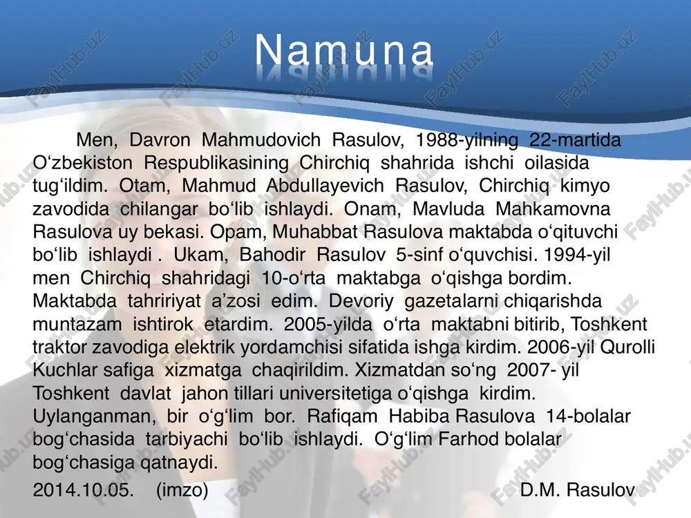 ut kassasidan menga tegishli mart oyining stipendiyasini olish uchun ishonch bildiraman. ti lxa t tilxat men, navoiy nomidagi jamoa xo’jaligi brigada boshlig’i karim salimovich rahimov, jamoa xo’jaligi kassiri dilbar salimovadan brigada a’zolarining iyun oyiga tegishli 164500 (bir yuz oltmish to’rt ming besh yuz) so’m miqdoridagi ish haqini tarqatish uchun oldim. 2014.05.07. (imzo) k.s.rahimov quyidagi so‘z birikmalarini eslab qoling. sport buyumi – sportivniy inventar, xo‘jalik buyumi – xozyaystvenniy inventar, chipta sotib olish uchun pul –dengi na pokupku biletov, xodimlar maoshi – zarplata sotrudnikov, umumiy miqdorda – na obshuyu summu, umumiy narxi – obshaya stoimost, ombor mudiri – zaveduyushiy skladom, tanishish uchun –dlya oznakomleniya, olish uchun – dlya priobreteniya, vaqtincha foydalanish uchun –na vremennoe polzovanie, bayram otkritkalari va plakatlar – prazdnichnie otkritki i plakati, qurilish tresti –stroitelniy trest, tayyor buyumlar – gotovie izdeliya, xo‘jalik qismi – xozyaystvennaya chast, muassasa – uchrejdenie, kasaba tashkiloti – profsoyuznaya organizatsiya, shanbalik – subbotnik, almashtirish tarmog‘i –obmenniy …