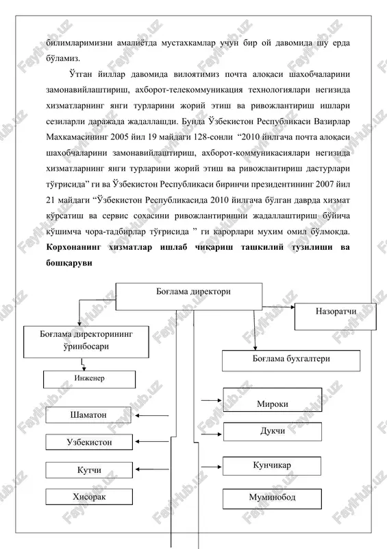 ining katnashishi bilan tartibga solinadi.filial ijtimoiy rivojlantirish va xodimlarni moddiy ragbatlantirishdagi uz faoliyati buyicha xarajatlarni uzi koplaydi, uz-uzini mablag bilan ta'minlaydi. tasdiklangan biznes-reja doirasida moliyaviy-xujalik faoliyatini amalga oshiradi. bog'lama amalga oshirilayotgan faoliyati buyicha operativ va buxgalterlik xisobini amaldagi konun xujjatlarida belgilangan tartibda yuritadi, filialning xisobga olish siyosatiga muvofik soliklar, yigimlar va boshka majburiy tulovlarni tulaydi.jamiyatning xisobga olish siyosatiga muvofik kabul kilingan. bog'lama filialning birlashtirilgan balansi tarkibida alohida balansga ega. bog'lama faoliyatining moliyaviy natijalari chorak, yillik buxgalterlik hisoboti asosida belgilanadi. bog'lama tayinlagan auditor, taftishchi yoki taftish komissiyasi tomonidan, shuningdek uzbekiston respublikasining konun xujjatlariga muvofik solik va boshka organlar tomonidan amalga oshiriladi. bog'lama filial bilan belgilangan xisob-kitob taksalariga asosan uzaro xisob-kitoblarni amalga oshiradi.utkazilgan daromadlardan filial tomonidan belgilangan koeffitsientga muvofik belgilanadigan uz daromadi filialning daromadi xisoblanadi. o'tkazilgan daromadlar va o'z daromadlarining urtasidagi fark belgilangan muddatlarda filial xisobiga utkaziladi xamda filialning daromadi xisoblanadi. 1 .3. ishlab chiqarish ekspuatatsiyasi xizmati faoliyati mazkur ko'rsatkichlar idoraviy tekshirishlar …