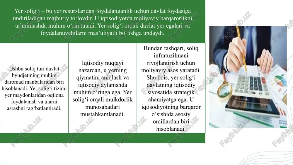 bo‘lib, u adolatli soliqqa tortish tamoyillarini qisman aks ettiradi. biroq ayrim hollarda yerning real qiymati va kadastr bahosi o‘rtasidagi tafovut soliq summasining noto‘g‘ri shakllanishiga olib keladi. bu esa ayrim fuqarolar uchun soliq yukining oshishiga yoki aksincha, kamayishiga sabab bo‘ladi. shuningdek, stavkalar har yili inflyatsiya va bozor o‘zgarishlariga mos tarzda qayta ko‘rib chiqilmayapti. natijada, yer solig‘i daromadlarining iqtisodiy samaradorligi pasayadi. soliq stavkalarini differensiallashtirish – bu yerning joylashuvi, foydalanish turi va qiymatiga qarab stavkalarni farqlash tizimidir. bunday yondashuv soliq tizimida adolatni ta’minlab, iqtisodiy faoliyatni rag‘batlantiradi. masalan, markaziy shahar hududlaridagi yerlar uchun yuqoriroq, chekka hududlar uchun esa pastroq stavkalar belgilanishi mumkin. bu yondashuv yer resurslaridan samarali foydalanishni va ularni maqsadli rivojlantirishni qo‘llab-quvvatlaydi. differensial stavkalar joriy etilishi natijasida soliq yukining mutanosib taqsimlanishi ta’minlanadi. e’tiboringiz uchun rahmat image1.png image2.png image3.png image4.png image5.png /docprops/thumbnail.jpeg