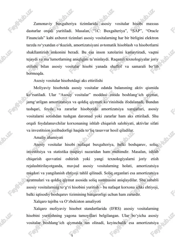 asosiy vositalar hisobi nafaqat buxgalteriya, balki boshqaruv, soliq, investitsiya va statistika nuqtayi nazaridan ham muhimdir. masalan, ishlab chiqarish quvvatini oshirish yoki yangi texnologiyalarni joriy etish rejalashtirilayotganda, mavjud asosiy vositalarning holati, amortizatsiya miqdori va yangilanish ehtiyoji tahlil qilinadi. soliq organlari esa amortizatsiya ajratmalari va qoldiq qiymat asosida soliq summasini aniqlaydilar. shu sababli asosiy vositalarning to‘g‘ri hisobini yuritish – bu nafaqat korxona ichki ehtiyoji, balki iqtisodiy boshqaruv tizimining barqarorligi uchun ham zarurdir. xalqaro tajriba va o‘zbekiston amaliyoti xalqaro moliyaviy hisobot standartlarida (ifrs) asosiy vositalarning hisobini yuritishning yagona tamoyillari belgilangan. ular bo‘yicha asosiy vositalar boshlang‘ich qiymatda tan olinadi, keyinchalik esa amortizatsiya ajratmalari orqali xarajatlarga o‘tkaziladi. o‘zbekiston respublikasida ham “buxgalteriya hisobi to‘g‘risida”gi qonun, moliya vazirligining 21-sonli nizomi va ifrs talablari asosida asosiy vositalarning hisobi yuritilmoqda. 2021-yildan boshlab yirik korxonalar va aksiyadorlik jamiyatlari uchun ifrs asosida hisobot tayyorlash majburiy qilib belgilangan.asosiy vositalar hisobi – bu korxonaning moddiy-texnik bazasini, ishlab chiqarish salohiyatini va moliyaviy barqarorligini ifodalovchi …