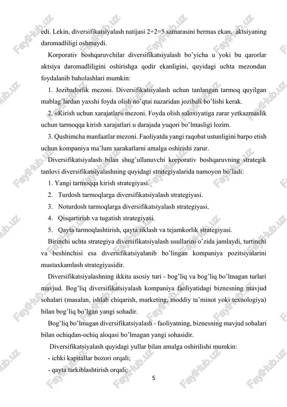 ugini faoliyatini kuzatib borish; - korporativ kapitallarni raqobatlashuvchi o’rta korxonalar o’rtasida joylashtirish. bunday sharoitlarda o’rta korxonalar asosiy idoraning faqat moliyaviy nazorati ostida bo’lgan mustaqil daromad markazlari vazifasini bajaradi. qayta tarkiblashtirish strategiyasi ichki kapitallar bozori strategiyasi turlaridan biridir. ular o’rtasidagi farq korporatsiyaning o’rta korxonalar faoliyatiga aralashuv darajasidadir. kompaniya faoliyatini diversifikatsiyalashda bunday kompaniyani boshqarish qiymatini ham hisobga olish talab qilinadi. ushbu xarajatlar o’rta korxonalar soni va ular o’rtasidagi koordinatsiya zarurati bilan aniqlanadi. masalan, ma’lum bir sinergizm mavjud bo’lgan 12 ta o’rta korxonadan iborat kompaniyadagi boshqarish xarajatlari sinergizm bo’lmagan 10 ta o’rta korxonadan iborat kompaniyadagiga qaraganda ko’proq bo’ladi (10-rasmga qarang). koordinatsiyaga ehtiyoji kuchli bo’lgan kompaniya o’z mavqeini o’rta korxona sinergizmi orqali kuchaytirishga intilmoqda, deb faraz qilaylik. koordinatsiyaga bo’lgan ehtiyoji unchalik kuchli bo’lmagan kompaniya esa ichki kapital bozori yoki qayta strukturalash strategiyasiga rioya qiladi. xarajatlar mvsn mvsl mva diversifikatsiyalash darajasi 7.2.-rasm. koordinatsiyaga sarflanadigan solishtirma xarajatlarning diversifikatsiya darajasiga bog’liqligi bog’liq bo’lmagan diversifikatsiyalashda o’rta korxonalar o’rtasida …