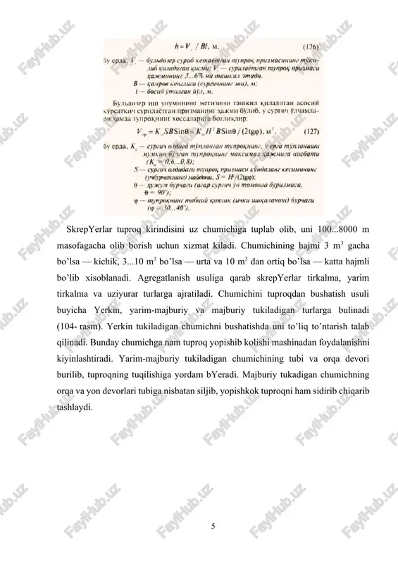 n greydyerni yetarli turgunligi ta`minlanadi. 105-rasm. greydyer surgich tigini kesish burchagi =35...40° orasida o’rnatilib, kirindini ajratib olishda qarshilikning minimal bo’lishiga yerishiladi. ekin ekiladigan yyerlarni kapital tekislashda ham greydyer yaxshi natijalar byeradi. bunday ishni bajarishda greydyerni = 90°, = 40...60°, = 0...3° rejimida ishlatgan ma`kul. ekskavatorlar bir va ko’p chumichli, univyersal va maxsus, to’liq yoki qisman buriluvchan va boshqa turlarga bulinadi. qishloq xujaligida bir chumichli univyersal ekskavatorlar ishlatiladi. univyersal ekskavator bir necha turdagi ishchi qismlar bilan jixozlanadi. ular to’g’ri chumich (106- a rasm), teskari chumich (106-b rasm), draglayn va yonlama draglayn (106- v, g rasmlar), greyfyer (106- d rasm), kran (106- e rasm)dir. 106-rasm. eksvatorlar. 107-rasm. draglayn. draglayn osilgan ekskavator kuyidagi tuzilishga ega: chumich 5, hartum 8, yunaltiruvchi moslama 10, tros 2 va ular ilingan polispast; ko’taruvchi 1, tortuvchi 9 va tukdiruvchi 6 troslar. draglayn chumichi 5 xokandoz shakliga ega bo’lib, uning yon jaglari ham o’tkir yasaladi. chumich zanjir 4 orqali …