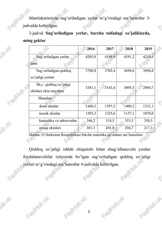 maydonlar tarkibi (barcha toifadagi xo’jaliklar) 2016 2017 2018 2019 jami ekin ekilgan maydon 3706,7 3474,5 3396,0 3309,4 donli ekinlar 1689,4 1655,6 1643,2 1578,3 shu jumladan : boshoqli don 1549,2 1512,6 1495,4 1409,9 shundan: bug’doy 1446,1 1411,1 1386,3 1316,1 makkajo’xori don uchun 39,9 37,8 40,8 44,1 sholi 72,8 73,1 46,8 71,0 dukkakli don 23,7 28,0 56,1 49,2 texnik ekinlar 1333,9 1253,3 1150,5 1099,5 shu jumladan: g’o’za 1265,1 1201,2 1108,2 1050,6 kartoshka 84,6 78,8 86,8 89,6 sabzavotlar 206,0 189,7 219,0 220,0 poliz 58,8 52,3 52,6 53,4 ozuqa ekinlari 333,5 243,4 242,7 267,6 manba: o’zbekiston respublikasi davlat statistika qo’mitasi ma’lumotlari. ushbu jadval ma’lumotlaridan so’nggi yillarda mamlakatimizda kartoshka va sabzavotlar ekin maydonlari ko’payganligini ko’rishimiz mumkin. ekin maydonlarining kamayishiga ikki turdagi omillar sabab bo’lmoqda: · obyektiv omillar. bunda mamlakatimizda qishloq xo’jaligi yerlarining boshqa toifaga o’tishi obyektiv zaruriyat yuzasidan yuz bermoqda, ya’ni urbanizatsiya jarayonining amalga oshishi, ishlab chiqarish va xizmat ko’rsatish korxonalari qurilishi, magistral yo’llar o’tishi, …
