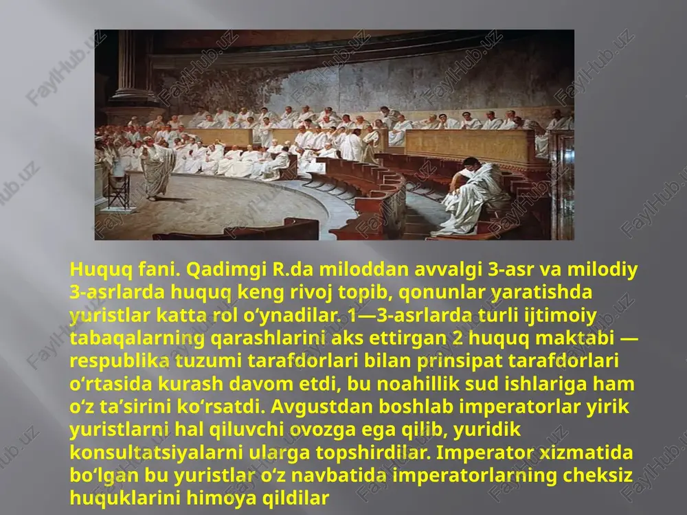 gan. lekin sayoramizni “g’arbiy” tomonida, aynan ular shu fikrga kelganki, yollarni chidamli, ko’priklarni esa mustaxkam qilishni. natijada shu ikkita infratizilmali obyektlarni qurilishida tosh va beton faol qo’llanila boshlandi. yahshi yo’llarga talab yaqqol edi, “pax romana” davrida (rim gullab yashnashi davrida), rim imperiyasi deyarli butun ma’lum jahonni egallagan va sayoramizda eng yirik mamlakat bo’lgan. rimlik toshdan yasalgan yo’llar saqlanib qolgan, hozirgi kungacha. tosh yo`l va ko`priklar rim yo’llari bizning kunlargacha ham yetib kelgan. rim yo’llari hozirgi kunda mavjud bo’lgan joyda albatta ishlatilmaydi. lekin, rimliklar bizga boshqa sovg’a qoldirgan. yevropa va kichik osiyoni transport to’ri hali ham rim yo’llari o’tgan joy bilan aniqlanadi. ko’plab zamonaviy magistral va shosselar bugunda qadimrimliklar bilan to’g’ri keladi. rimliklar san’at va ilmga homiylikni ommalashtirgan. bu hodisani o’zi jamiyatda gay tsilniy metsenat sharafiga nomlangan, rim hukmdorini oktavian avgustni eng yaqin do’stiga. zamonaviy tilda aytilsa, metsenatni odamzod tarihidagi birinchi san’at vaziri deb atasa bo’ladi. aslida, gay tsilniy hech qanday …