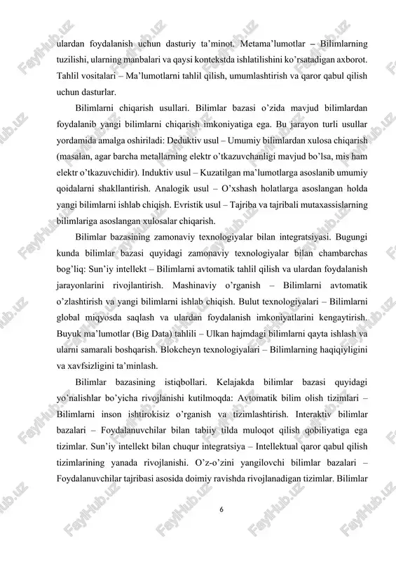 ilimlarni samarali ifodalash ularni avtomatlashtirilgan tizimlar tomonidan qayta ishlash, tushunish va ulardan foydalanish imkonini beradi. bilimlarni namoyish qilishning asosiy maqsadi – inson tafakkuriga yaqin bo’lgan bilimlarni formal shaklga keltirish va kompyuterga tushunarli formatda ifodalashdir. bu jarayon ekspert tizimlar, sun’iy intellekt va bilimlarni boshqarish tizimlarida muhim ahamiyat kasb etadi. bilimlarni namoyish qilish modellari. bilimlarni namoyish qilish turli usullar bilan amalga oshiriladi. quyida eng keng tarqalgan bilimlarni namoyish qilish modellari keltirilgan: mantiqiy modellar bu modelda bilimlar mantiqiy munosabatlar asosida ifodalanadi. asosiy usullar: predikat mantiği – bilimlar predmet va ular orasidagi bog’liqlik sifatida ifodalanadi. masalan: "barcha qushlar uchadi. qarg’a qushdir. demak, qarg’a uchadi." propozitsional mantiq – faktlar mantiqiy ifodalar yordamida taqdim etiladi. masalan: "agar yomg’ir yog’sa, yer ho’l bo’ladi." semantik tarmoqlar modeli: bu modelda bilimlar ob’ektlar va ularning o’zaro munosabatlari orqali grafik shaklida taqdim etiladi. har bir ob’ekt tugun (node), munosabatlar esa bog’lovchi (edge) orqali ko’rsatiladi. misol: "mushuk – bu hayvon. mushuk mo’ynali." …