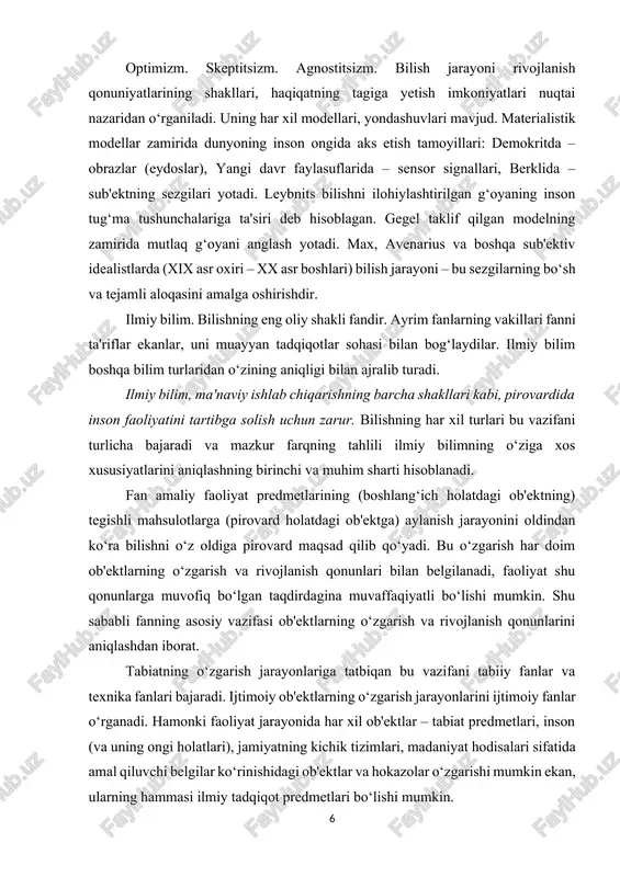 ishni o‘z oldiga pirovard maqsad qilib qo‘yadi. bu o‘zgarish har doim ob'ektlarning o‘zgarish va rivojlanish qonunlari bilan belgilanadi, faoliyat shu qonunlarga muvofiq bo‘lgan taqdirdagina muvaffaqiyatli bo‘lishi mumkin. shu sababli fanning asosiy vazifasi ob'ektlarning o‘zgarish va rivojlanish qonunlarini aniqlashdan iborat. tabiatning o‘zgarish jarayonlariga tatbiqan bu vazifani tabiiy fanlar va texnika fanlari bajaradi. ijtimoiy ob'ektlarning o‘zgarish jarayonlarini ijtimoiy fanlar o‘rganadi. hamonki faoliyat jarayonida har xil ob'ektlar – tabiat predmetlari, inson (va uning ongi holatlari), jamiyatning kichik tizimlari, madaniyat hodisalari sifatida amal qiluvchi belgilar ko‘rinishidagi ob'ektlar va hokazolar o‘zgarishi mumkin ekan, ularning hammasi ilmiy tadqiqot predmetlari bo‘lishi mumkin. fanning faoliyatga jalb qilinishi mumkin bo‘lgan ob'ektlarni o‘rganish va ularni faoliyat va rivojlanishning ob'ektiv qonunlariga bo‘ysunuvchi ob'ektlar sifatida tadqiq qilishga qarab mo‘ljal olishi ilmiy bilimning birinchi eng muhim xususiyati hisoblanadi. ilmiy bilim o‘zining ayni shu xususiyati bilan inson bilish faliyatining boshqa shakllaridan ajralib turadi. masalan, borliqni badiiy o‘zlashtirish jarayonida inson faoliyatiga jalb qilingan ob'ektlar sub'ektiv …