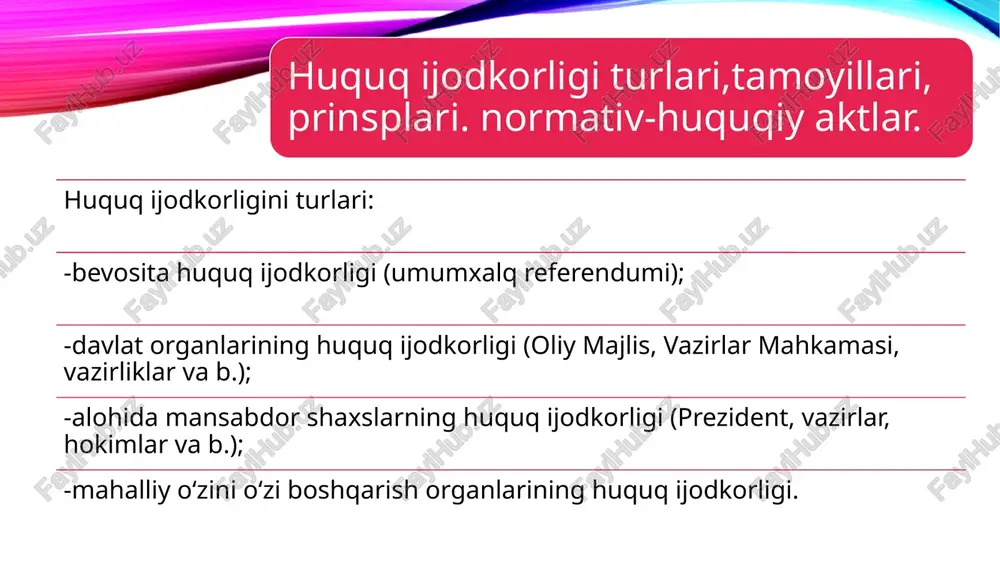 si. qonun ijodkorligi jarayonining asosiy bosqichlari. normativ-huquqiy hujjatlarning vaqt, hudud va shaxslarga nisbatan amal qilishi. ikkinchi bosqich – qonun loyihasini muhokama qilish. qonun loyihasini muhokama etish qonun yaratish jarayonining muhim bosqichidir. bu bosqich qonun chiqaruvchi organga qonun loyihasi taqdim etilib, u sessiya kun tartibiga kirgach boshlanadi. o‘zbekiston konstitutsiyasining 9-moddasiga muvofiq, jamiyat va davlat hayotining eng muhim masalalari xalq muhokamasiga taqdim etiladi. qonun ijodkorligi jarayonining asosiy bosqichlari. normativ-huquqiy hujjatlarning vaqt, hudud va shaxslarga nisbatan amal qilishi. uchinchi bosqich – qonunni qabul qilish. qonunchilik jarayonining yana bir muhim bosqichi – qonun loyihasini tasdiqlash, qonunni qabul qilish bosqichidir. bu bosqichning ahamiyati va mas’uliyati shundaki, bunda qonun loyihasiga rasmiy yuridik kuch baxsh etiladi va u qonunga aylanadi. o‘zbekiston respublikasining qonunlari ikki yo‘l bilan qabul qilinadi: birinchisi – qonunning o‘zbekiston respublikasi oliy majlisining qonunchilik palatasi tomonidan qabul qilinishi va senat tomonidan ma’qullanishi; ikkinchisi – qonunning umumxalq ovoz berishi (referendum) yo‘li bilan qabul qilinishi. qonun ovoz …