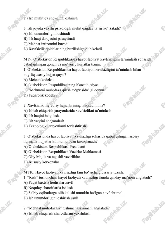 ) ish unumdorligining oshishi b) jismoniy va ruhiy charchoq, baxtsiz hodisalarning ko‘payishi c) ish samaradorligini oshirish d) xodimlarning malakasini oshirish 2. psixologik holat ish jarayoniga qanday ta’sir qiladi? a) faqat jismoniy ish bilan bog‘liq jarayonlarga ta’sir qiladi b) xodimning diqqat-e’tibori va qaror qabul qilish tezligini belgilaydi c) xodimlarning texnika xavfsizligiga ta’sir qilmaydi d) faqat intizom va nazoratni kuchaytirish orqali tartibga solinadi 3. fiziologik xususiyatlarga mos kelmagan ish sharoitlari nimaga olib kelishi mumkin? a) mehnat unumdorligining oshishiga b) xodimlarning jismoniy va ruhiy toliqishiga c) ish haqi oshishiga d) texnik vositalarning modernizatsiya qilinishiga mt12: odam anatomiyasining (antropometrik parametrlarining) xavfsizlikni ta’minlashdagi ahamiyati. 1. antropometrik parametrlarga mos kelmagan ish joyi qanday oqibatlarga olib keladi? a) ishlash jarayonini tezlashtiradi b) xodimlarda mushak-skelet tizimi kasalliklariga sabab bo‘lishi mumkin c) xavfsizlik qoidalariga hech qanday ta’sir qilmaydi d) ish vaqtidagi samaradorlikni oshiradi 2. ish joyining balandligi va jihozlarning joylashuvi qanday hisoblanadi? a) standart o‘lchamlarga asoslanadi b) har bir …