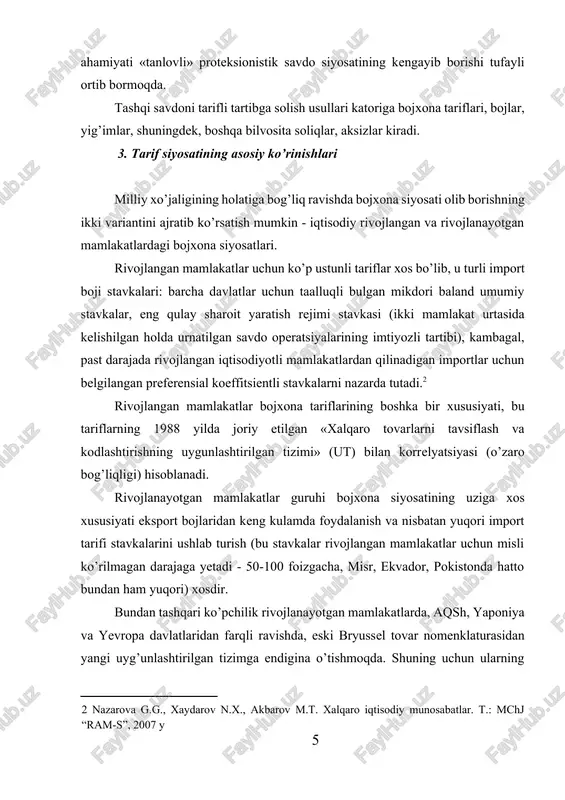da — 17 ta). milliy tariflar bilan bir qatorda jahon iqtisodiyotida bir necha mamlakatlarni bojxona ittifoqlariga birlashishi keng tarqalib bormoqda. bojxona ittifoqlari tashqi savdoni davlatlararo tartibga solishni turli ko’rinishlaridan amaliy foydalanishmokda, bunda ular turli hududiy va global xalqaro tashkilotlar ko’magiga suyanmoqda. bojxona bojlarining mohiyati va ko’rinishlari tashqi iqtisodiy faoliyat amaliyotida tashqi savdoni davlat tomonidan tartibga solishning eng keng tarqalgan usullaridan biri bojxona bojlari hisoblanadi. bojxona boji iqtisodiy mohiyati jihatidan tovar davlat chegarasidan o’tayotganda olinadigan maxsus pul yig’imi, soliqni bildiradi. bojxona bojlari ko’rinishlarining turli-tumanligi ularning tovar oqimlarini tartibga solish jarayonida bajaradigan funksiyalarining nihoyatda keng ko’lamliligi bilan tushuntiriladi. eslatib o’tamiz, bojxona bojlarini joriy etishdan asosiy maqsad: budjetning daromad qismini ko’paytirish va «nohalol» raqobat bilan kurashishdir. shuning uchun ham savdoga ta’sir o’tkazishning bu usulidan hozirgi kunda jahonning yuzdan ortiq mamlakatida foydalaniladi. tovar oqimlarining yo’nalishiga bog’liq ravishda import, eksport va tranzit bojlari mavjud. import bojlarini joriy qilish milliy kompaniyalar (rezidentlar)ga ishlab chiqarishni kengaytirish imkoniyatini …