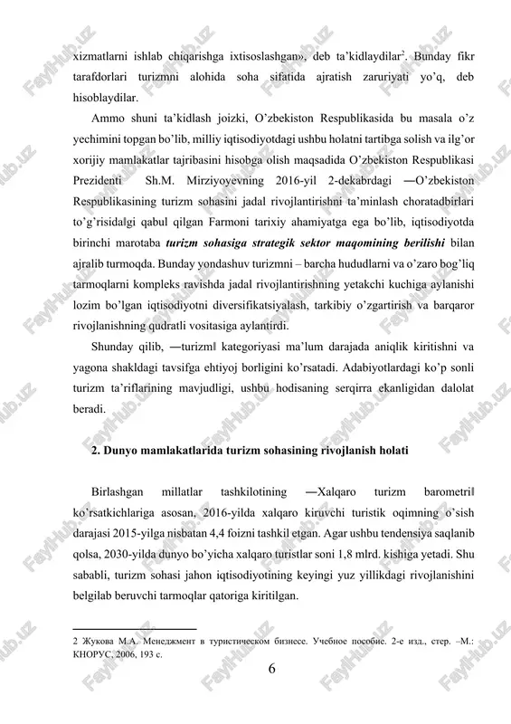 oqda (2.1jadval). 2.1-jadval xalqaro turizmning rivojlanish dinamikasi (1950–2016-yillar) yillar xalqaro kiruvchi turistlar soni (mln.kishi) kiruvchi turistlardan olingan umumiy daromad (mlrd.dollar) 1950 25 2 1960 70 7 1970 160 18 1980 285 102 1990 460 265 2000 698 476 2001 689-1,3% 464 2002 703 471 2003 694 - 2004 764 633 2005 806 680 2006 820 650 2007 903 856 2008 922 944 2009 880 970 2010 940 927 2.1-jadvalning davomi 2011 995 1042 2012 1, 035 1075 2013 1, 087 1197 2014 1, 133 1245 2015 1, 189 1196 2016 1, 235 1220 manba: butunjahon turizm tashkiloti (unwto). ―turizmda muhim voqealar‖, 2017. yaqin sharq mintaqasi 4 % afrika mintaqasi 5 % amerika mintaqasi 16 % osiyo va tinch okeani mintaqasi 25 % yevropa mintaqasi 50 % xalqaro turistik tashriflarda mintaqalarning ulushi (%) 2.1-rasm. xalqaro turistlar tashrifining 2016-yildagi dunyo qit’alaridagi salmog’i (%) yevropada 2016-yilda xalqaro turizmning o’sishi 616 million turistni tashkil …