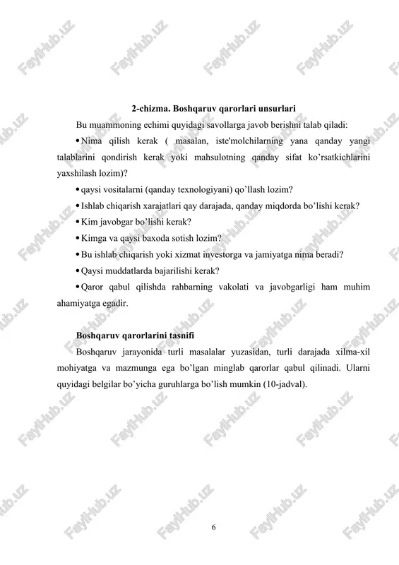 monidan uzog’i bilan ikki yilgacha bo’lgan muddatga qabul qilinadi. umumiy qarorlar bir xil muammoga daxldor bo’lib, barcha bo’g’inlar uchun birdek amal qiladi. masalan, ish kunining boshlanishi va tugashi, tushlik vaqti, ish haqini to’lash muddatlari va boshqa tanaffuslar. maxsus qarorlar tor doiradagi muammoga taalluqli bo’lib, korxonaning muayyan bir bo’limi yoki bir guruh xodimlari yuzasidan qabul qilinadi. stereotip qarorlar odatda qat'iy yo’riqnomalar, me'yoriy hujjatlar doirasida qabul qilinadi. bunday qarorlar ba'zan kundalik, ba'zan masalalar bo’yicha qabul qilinadi, lekin o’zgarishlar asosan muddatlarga, ayrim sifat parametrlariga, ijrochilarga taalluqli bo’ladi. rahbar streotip qarorlarni odatda ortiqcha tayyorgarliksiz qabul qiladi. xodimlarni ishga olish va ishdan bo’shatish, korxonaning faoliyatini risoladagidek boshqarish yuzasidan chiqarilgan buyruqlarni shunday qarorlar jumlasiga kiritish mumkin. tashabbusli qarorlar o’z tavsifiga ko’ra notovarlik mazmuniga ko’ra esa istiqbolni nazarda tutadigan qarorlardir. bunday qarorlar vaziyatni sinchkovlik bilan batafsil o’rganishni, maxsus kuzatuv materiallariga asoslanishni, maxsus hisob-kitoblarning amalga oshirilishini talab qiladi. tashabbusli qarorlar erkin harakatga asoslanib qilinadi. an'anaviy qarorlar - bu …