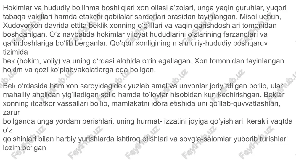 mi har xil boʻlgan.qoʻqon xonligida mansablar asosan oʻzbek xonliklaridan oʻzlashtirilgan shuningdek koʻchmanchilarga xos mansab va unvonlar boʻlgan. foydalanilgan adabiyotlar ro‘yxati: 1. nabiyev r. iz istorii kokandskogo xanstva. toshkent. 1973 2. nalivkin v. kratkaya istoriya kokandskogo xanstva. kazan. 1886 3. muhammad yunus toyib. tarixi alimquli amirlashkar//sh.vohidov. sharq yulduzi. 1996. №1. b.218 4. maxmudov sh. qo‘qon xonligining ma’muriy bo‘linishi masalasiga oid mulohazalar// farg‘ona vodiysi 5. j.rahimov o‘zbekiston tarixini o‘rganishda arxiv manbalaridan foydalanish. t. o‘qituvchi. 1995 image1.jpg image2.jpg