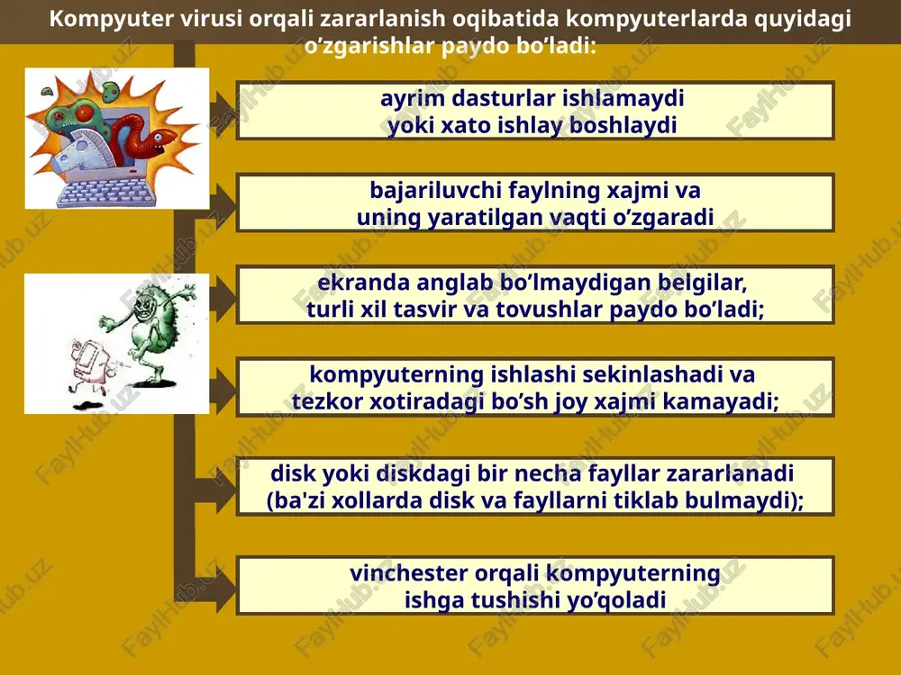 mutant virus — shifrlash va deshifrlash algoritmlaridan iborat bo’lib, natijada virus nusxalari umuman bir-biriga o’xshamaydi. ushbu viruslarni aniqlash juda qiyin muammo. kvazivirus — «troyan» dasturlari, deb nom olgan bo’lib, ushbu viruslar ko’payish hususiyatiga ega bo’lmasa-da, «foydali» qism-dastur hisobida bo’lib, antivirus dasturlar tomonidan aniqlanmaydi. shu bois ham ular o’zlarida mukammallashtirilgan algoritmlarni to’siqsiz bajarib,qo’yilgan maqsadlariga erishishlari mumkin. aidstest dr. web adinf norton antivirus antivirus kasperski antivirus panda antivirus nod 32 avast! antivir antivirus dasturlari 14 image1.png image2.png image3.png image4.png image5.png image6.png image7.png image8.png image9.png image10.png image11.png image12.png image13.png image16.png image17.png image18.jpeg image19.jpeg image20.png image21.png audio1.wav audio2.wav audio3.wav image14.png image15.png /docprops/thumbnail.jpeg