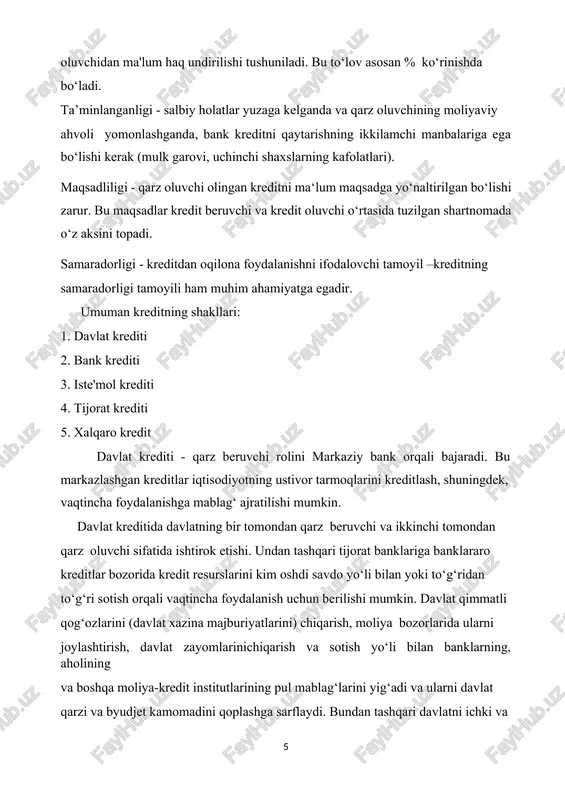 lar) to‘lanadigan foiz darajasiga ko‘ra: 1) past foiz stavkali; 2) o‘rta foiz stavkali; 3) yuqori foizli; 4) foizsiz (hukumat qaroriga ko‘ra ayrim sohalarni rivojlantirish yoki tadbirlarni amalga oshirish uchun). iste'mol krediti - iste'mol kreditining xususiyati u jismoniy shaxslarga beriladi. kreditning bu shaklida kredit beruvchi sifatida maxsus kredit muassasalari bilan birga savdo va xizmatlarni sotishni amalga oshiradigan jismoniy shaxslar ham bo‘lishi mumkin. iste'mol krediti ikki shaklda: pul shaklida va tovar shaklida berilishi mumkin. jismoniy shaxslarga bunday kreditlar ko‘chmas mulkka egalik qilish uchun, har xil tovar va xizmatlar, uy jixozlarini sotib olish va boshqa ehtiyojlarni qondirish uchun beriladi. o‘zbekistonda hozirgi vaqtda bunday kreditlar uy-joy sotib olish va qurishga, avtomobil sotib olishga va boshqa maqsadlarga berilmoqda. mamlakatimizda 2001-2002 o‘quv yilidan boshlab talabalarga o‘qish xizmati uchun «oltin davrim» krediti berilmoqda. aqshda bu sohaga kam foizli yiliga 2500 dollar, oxirgi kursda 5000 dollar miqdorida kredit berilib talaba uni o‘qishni tugatib ishlash davomida uzadi. tijorat krediti …