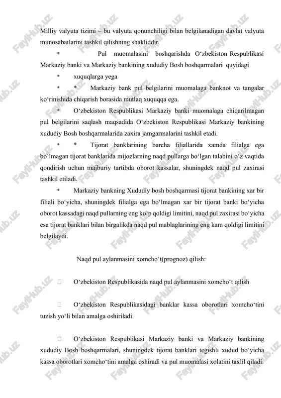  o‘zbekiston respublikasi markaziy banki va markaziy bankining xududiy bosh boshqarmalari, shuningdek tijorat banklari tegishli xudud bo‘yicha kassa oborotlari xomcho‘tini amalga oshiradi va pul muomalasi xolatini taxlil qiladi.  respublikadagi banklar kassa oborotlarining xomcho‘ti respublika iqtisodiy va ijtimoiy rivojlanishining taxmin qilinayotgan xisobkitobi xamda respublika budjeti ko‘rsatkichlari asosida tuziladi. kassa oborotlari xomcho‘ti quyidagi tushum manbalari va naqd pul berish yo‘nalishlari bo‘yicha tuziladi: pul muomilasini tashkil etish borasidagi olib boriladigan ishlar: aholi va xo‘jalik yurituvchi subyektlarga depozit xisobvaraqlardan naqd pullarning uzluksiz berilishi tijorat banklarining chorak, yarim yillik va umuman yillik ish yakunlarini sarxisob qilishda ular faoliyati samaradorligi va ishonchliligini baxolashning eng muxim mezonlaridan biri bo‘lib xisoblanadi tijorat banklari pul muomalasining xolatini muntazam o‘rganadilar va taxlil qiladilar xamda uni mustaxkamlash uchun amaliy choralar ko‘radilar, axoli va xo‘jalik yurituvchi subyektlarning naqd pulga bo‘lgan extiyojlarini ularning talabi bo‘yicha uzluksiz qondirilishini ta’minlaydilar. tijorat banklari: jismoniy shaxslarning bo‘sh pul mablaglarini omonatlarga jalb qilishga, jismoniy shaxslar pul daromadlarining …