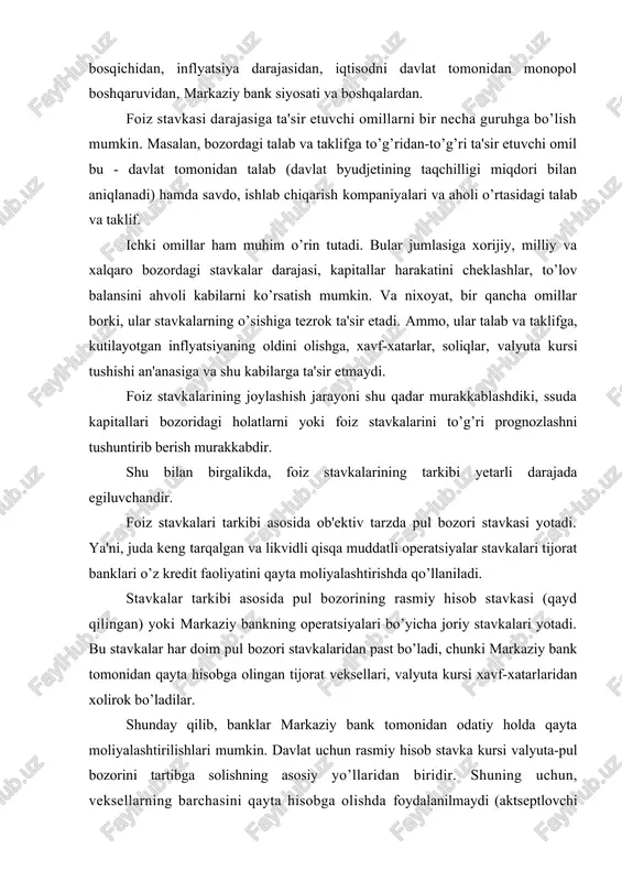 llari, valyuta kursi xavf-xatarlaridan xolirok bo’ladilar. shunday qilib, banklar markaziy bank tomonidan odatiy holda qayta moliyalashtirilishlari mumkin. davlat uchun rasmiy hisob stavka kursi valyuta-pul bozorini tartibga solishning asosiy yo’llaridan biridir. shuning uchun, veksellarning barchasini qayta hisobga olishda foydalanilmaydi (aktseptlovchi banklar soni chegaralangan). pul-valyuta bozorining stavkalar tarkibini ikkinchi asosiy elementlariga xazina veksellari stavkalari kiradi. ba'zan bu alohida mamlakatlar (kanada, italiya, shvetsiya, yaponiya)da rasmiy foiz stavkasidan past bo’ladi. chunki, xazina veksellariga kafolatlovchi sifatida hukumatning o’zi turganligidir. shuningdek, hukumatning o’zi kafolat beruvchi sifatida turganligi uchun bu veksellar eng likvidli aktivlar toifasiga kiradi. pul-valyuta bozorining uchinchi asosiy elementlariga banklararo depozitlar va unga yaqin depozit sertifikatlari stavkalari kiradi. bu stavkalar rasmiy kurs stavkasidan kam, xazina veksellari stavkasidan esa, hamisha yuqori turadi. hududiy valyuta bozorlarning rivojlanishi bilan foiz stavkalarining muayyan turlari ko’paymoqda. masalan, libor (london interbank offered rete - libor) - london banklararo mablag’larga taklif stavkasi yuzaga keldi va juda keng kuuanilmoqda. libor o’zida london banklarining …