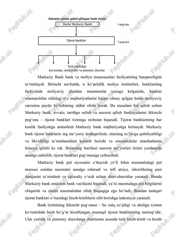 a imkoniyat yaratadi. bank tizimining ikkinchi pog‘onasi – bu xalq xo‘jaligi va aholiga xizmat ko‘rsatishda bosh bo‘g‘in hisoblangan mustaqil tijorat banklarining tarmog‘idir. ular yuridik va jismoniy shaxslarga shartnoma asosida turli hisob-kitob va kredit operatsiyalarini amalga oshirish va xizmatlar ko‘rsatish hamda boshqa turli bank xizmatlarini ko‘rsatish bilan bog‘liq operatsiyalarni amalga oshiradilar. har bir mamlakatda tijorat banklarining soni turlicha bo‘lishi mumkin. masalan, shvetsiyada davlat banki 40 ga yaqin tijorat banki faoliyatini nazorat qiladi, xolos, aqshda 13 mingga yaqin tijorat banklari mavjud bo‘lsa, shveysariyada har 10 ming aholiga bittadan moliya muassasasi to‘g‘ri keladi. rossiyada 1995yil boshiga kelib, rossiya markaziy banki tomonidan bank operatsiyalarini amalga oshirish litsenziyasiga ega bo‘lgan 2486 ta tijorat banki qayd qilingan. bank tizimining rivojlanish tarixiga chuqur urg‘u bermasdan, o‘zbekiston respublikasi mustaqillikka erishganidan keyin tashkil qilingan va takomillashib borayotgan bank tizimi to‘g‘risida to‘xtalsak maqsadga muvofi q bo‘lar edi. 1991-yilning 1-sentabrida respublikamiz mustaqilligining e’lon qilinishi butun dunyo mamlakatlari tomonidan tan olingan bozor …