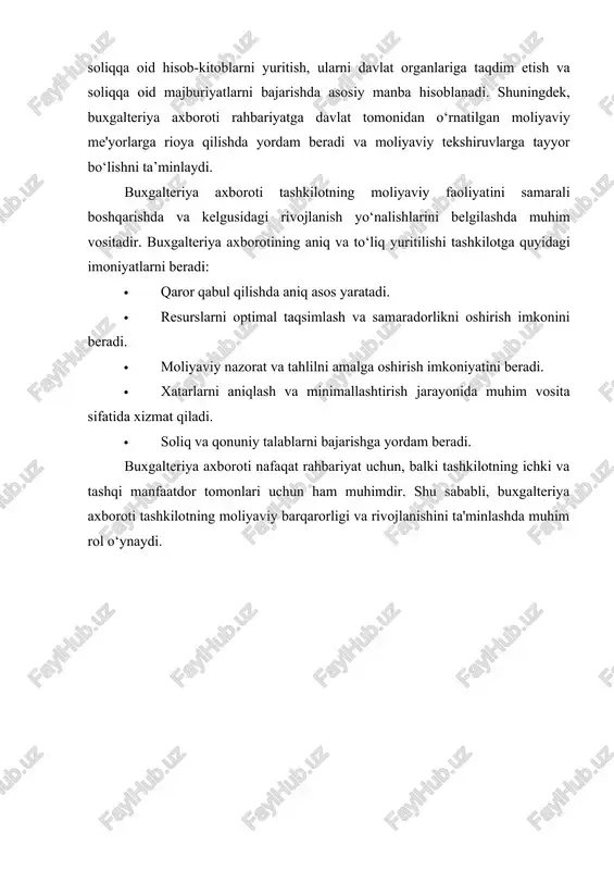 i. bu axborot kompaniya faoliyatini muntazam kuzatib borish va samarali boshqarish imkonini beradi. buxgalteriya axboroti boshqaruv tizimining markaziy qismini tashkil etib, quyidagi asosiy rollarni bajaradi: 1. moliyaviy qarorlar uchun asos yaratadi: tashkilotning moliyaviy ahvoli va resurslarini to‘g‘ri boshqarish uchun rahbariyatga ishonchli axborot taqdim etadi. 2. strategik va operatsion qarorlar qabul qilishda qo‘llab-quvvatlaydi: buxgalteriya axboroti yordamida qisqa va uzoq muddatli rejalashtirish amalga oshiriladi. 3. moliyaviy tahlil va nazoratni ta'minlaydi: muntazam hisobotlar asosida rahbariyat tashkilot faoliyatining foyda va zararlarini tahlil qiladi. 4. xatarlarni aniqlash va minimallashtirishga yordam beradi: moliyaviy xatarlarni oldindan aniqlash va kamaytirish strategiyalarini ishlab chiqishga ko‘maklashadi. buxgalteriya axborotining boshqaruvdagi vazifalari 1. moliyaviy nazoratni amalga oshirish buxgalteriya axboroti tashkilotning har bir daromad va xarajat yo‘nalishini nazorat qilishda asosiy manba hisoblanadi. muntazam ravishda tayyorlanadigan moliyaviy hisobotlar orqali rahbariyat o‘z faoliyatini kuzatib boradi va tashkilotning moliyaviy barqarorligini ta’minlashga yordam beradi. 2. resurslarni samarali taqsimlash va boshqarish moliyaviy axborotlar asosida tashkilotning mavjud resurslarini optimal …