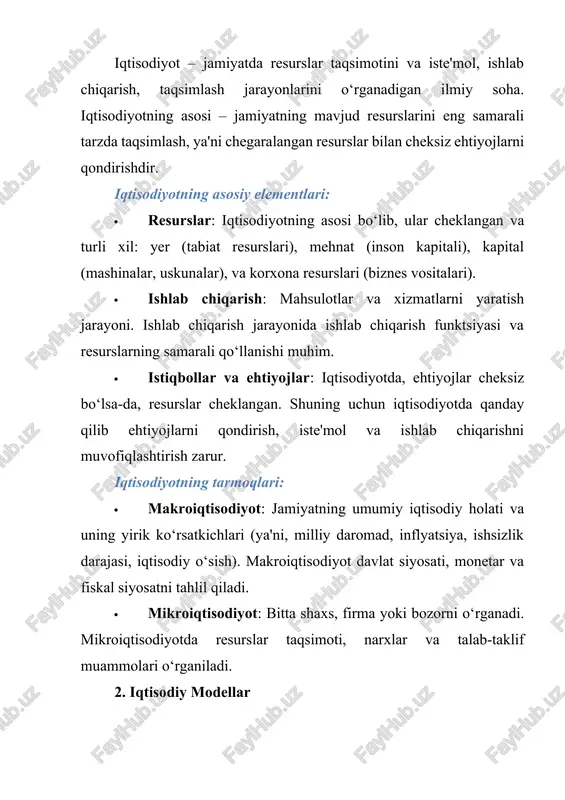 4. iqtisodiy qarorlar va ularning turlari iqtisodiy qarorlar – iqtisodiy birliklar tomonidan resurslarni taqsimlashga oid qabul qilinadigan qarorlardir. qarorlar qabul qilishda iqtisodiy birliklar resurslarning maksimal samaradorligini ta'minlashni maqsad qiladilar. qarorlar turlari: · mikroiqtisodiy qarorlar: bunda individlar yoki firmalar o‘zlari uchun optimal qarorlar qabul qilishadi. misol uchun, iste'molchi uchun mahsulot tanlash yoki ishlab chiqaruvchi uchun ishlab chiqarish miqdorini belgilash. · makroiqtisodiy qarorlar: davlat yoki hukumat tomonidan amalga oshiriladi. bu qarorlar milliy iqtisodiyotga ta'sir ko‘rsatadi. masalan, fiskal siyosat, monetar siyosat, soliq siyosati. 5. iqtisodiy modellashtirish va tahlil iqtisodiy modellashda statistik va matematik usullar ishlatiladi: · regressiya tahlili: biror iqtisodiy o‘zgaruvchining boshqa o‘zgaruvchilarga bog‘liqligini o‘rganish. masalan, talabning narxga ta'sirini regressiya yordamida tahlil qilish. · vaqt seriyalari tahlili: iqtisodiy ko‘rsatkichlar vaqt o‘tishi bilan qanday o‘zgarishini aniqlash.iqtisodiyot va iqtisodiy modellarning asosiy tushunchalari jamiyatdagi iqtisodiy faoliyatlarni chuqurroq tushunishga yordam beradi. iqtisodiy modellar va funksiyalar iqtisodiy jarayonlarning qanday ishlashini aniq ko‘rsatib, natijada samarali qarorlar qabul qilish imkonini …
