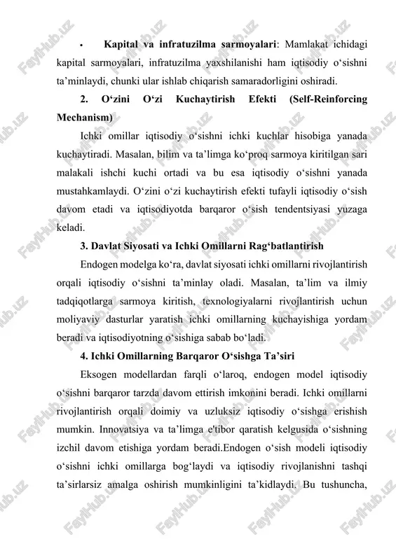 sishni ta’minlaydi, balki barqaror rivojlanish uchun ham zamin yaratadi. mamlakatda ta’lim darajasining oshishi, sog‘liqni saqlash tizimining yaxshilanishi va malakali ishchi kuchining ko‘payishi o‘sishni uzoq muddat davomida ta’minlashga yordam beradi. davlat siyosati va rag‘batlantiruvchi dasturlar davlat iqtisodiy o‘sishni rag‘batlantirish uchun turli mexanizmlar va dasturlardan foydalanishi mumkin. endogen o‘sish modeliga ko‘ra, davlatning faolligi, ya'ni ichki omillarni rivojlantirishga qaratilgan siyosatlar iqtisodiy o‘sishga bevosita ta’sir ko‘rsatadi. ilmiy tadqiqot va rivojlanish (r&d): davlat ilmiy tadqiqot va rivojlanish faoliyatlarini qo‘llab-quvvatlab, yangi texnologiyalar va innovatsiyalar yaratilishiga sharoit yaratadi. bu esa iqtisodiy o‘sishga ijobiy ta’sir ko‘rsatadi. ta’lim va inson kapitali rivojini qo‘llab-quvvatlash: davlatning ta’limga ajratgan mablag‘i ko‘proq va sifatli ishchi kuchi paydo bo‘lishiga yordam beradi. masalan, oliy o‘quv yurtlariga va kasb-hunar ta’limiga ajratilgan mablag‘ning ko‘pligi mamlakatda raqobatbardosh va malakali kadrlarni tayyorlaydi. innovatsiya siyosati: davlat innovatsion korxonalarni qo‘llab-quvvatlasa, iqtisodiyotda raqobat va o‘sish kuchayadi. ushbu siyosatlar davlat tomonidan subsidiyalar, imtiyozlar va grantlar shaklida amalga oshirilishi mumkin. bozor strukturasining ijobiy ta’siri …