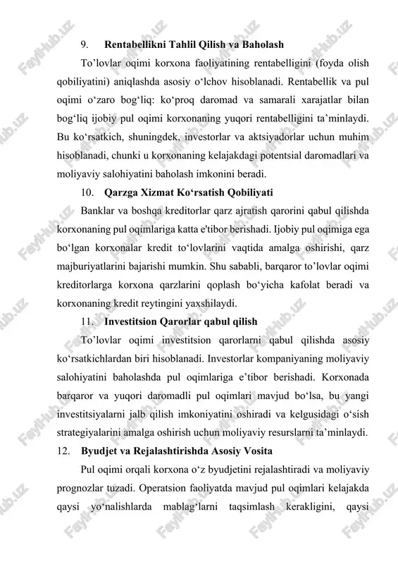 surslar sarfini aniqlaydi. bu ma’lumotlar moliyaviy boshqaruvda muhim ahamiyatga ega. 2. likvidlikni saqlash to’lovlar oqimini tahlil qilish orqali korxonaning likvidligi, ya'ni qisqa muddatli qarzlarni to‘lash qobiliyati baholanadi. pul oqimlarini kuzatish korxonaga to‘lov qobiliyatini ta’minlash uchun yetarli darajada mablag‘ mavjudligiga ishonch hosil qilish imkonini beradi, bu esa moliyaviy barqarorlikning muhim omilidir. 3. rentabellikni aniqlash pul oqimi va rentabellik o‘zaro bog‘liq bo‘lgan ko‘rsatkichlardir. to’lovlar oqimini tahlil qilish orqali korxonaning rentabelligi – ya’ni foyda olish qobiliyati aniqlanadi. bu korxonaning foyda olish darajasi va moliyaviy samaradorligini baholashda yordam beradi. 4. qarzga xizmat ko‘rsatish qobiliyatini baholash korxonaning qarzlarni o‘z vaqtida to‘lay olish qobiliyatini baholash uchun to’lovlar oqimi tahlili zarur. banklar va kreditorlar pul oqimlariga qarab qarz berish yoki qayta moliyalashtirish qarorlarini qabul qilishadi. shuning uchun korxonaning qarzga xizmat ko‘rsatish qobiliyatini tahlil qilish uchun to’lovlar oqimi ko‘rsatkichlari muhim hisoblanadi. 5. investitsion qarorlar qabul qilish pul oqimi ma’lumotlari investorlar va aktsiyadorlar uchun korxonaning moliyaviy salohiyatini, uning kelajakdagi …