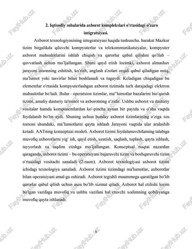 umot (statistik hisobotlar, kitob, jurnal, xabar va hokazo) koʻrinishida taqdim etadi. ichki manbaga murojaat qilish axborot texnologiyalari komponentlari – kompyuterlar, tizimli va amaliy dasturiy ta'minot hamda zarur hollarda kommunikatsiya vositalari yordam ida am alga oshiriladi. ichki manbalar norasmiy tizim vositasida ma'lumotlar bazasidan soʻrovga javob tariqasida foydalanuvchini axborot bilan ta'minlaydi. foydalanuvchi rasmiy va norasmiy tizimga suyanib i timoiy faoliyat, korxona va tashkilot ishini tavsiflovchi axborotni oladi. an'anaviy axborot texhologiyasi rivojlanishi ikki an’anaviy segment ma'lumot va matndan tashqari, yana qoʻshimcha ikkita segment-tasvir va nutqni qayta ishlashni ta'minlaydi. axborot muhiti axborotni qayta ishlash, qabul qilish, oʻtkazish va qidirish qobiliyatiga koʻra qismlarga boʻlinadi. oʻz navbatida, qayta ishlash qobiliyati insonning axborotni qabul qilish imkoniyatiga koʻra aniqlanadi. ayrim hollarda axborot shakl, hajm va hokazo belgilar boʻyicha tarkiblashtirishni talab qiladi. qayd etish lozimki, foydalanuvchi axborot manbaiga muhtoj boʻladi. chunki u axborotni uygʻunlashtirishga qancha koʻp vaqt va kuch saærflasa, samaradorlik ham shuncha kam boʻladi. foydalanuvchining faoliyat samarador-ligini oshirish …