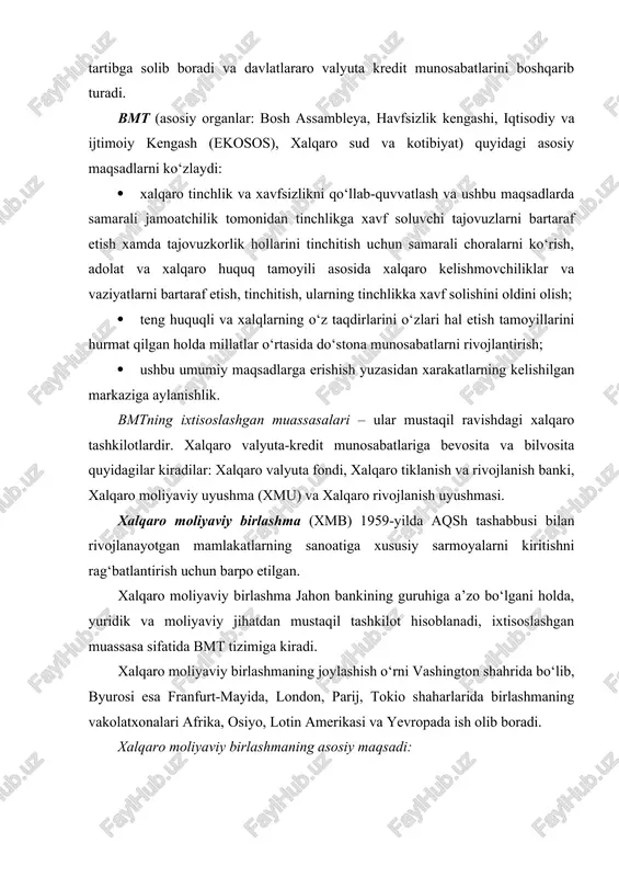 alqaro moliyaviy birlashmaning oliy organlaridan bo‘lib, boshqaruvchilar va ularning o‘rinbosarlaridan tashkil topgan kengash hisoblanadi. jahon bankining xar bir boshqaruvchisi avtomatik ravishda xalqaro moliyaviy birlashmaning boshqaruvchisi hisoblanadi. direktorat xalqaro moliyaviy birlashmaning joriy faoliyatini yo‘naltirib boradi. xalqaro institutlarning yetakchi sakkizta vakllaridan iborat bo‘lgan bank maslahati komissiyasi o‘zliksiz ravishda xalqaro moliyaviy birlashma rahbariyati bilan uchrashib, xizmatga oid va siyosiy muammolarni birgalikda hal qilib boradi. moliyaviy manbalari. xalqaro moliyaviy birlashmaning manbalariga a’zolarning nizom sarmoyalariga bo‘lgan ballari, xalqaro tiklanish va rivojlanish bankining kreditlari, foydadan ajratmalar, kreditlarni qaytarishdan kelgan mablag‘lar hamda xalqaro moliyaviy bozorlarda jalb qilinadigan mablag‘lar hisoblanadi. xalqaro moliyaviy birlashmaning faoliyati. xalqaro moliyaviy birlashma kreditlarni 5 yildan 15 yilgacha yuqori samarali xususiy korxonalarga berish bilan xalqaro tiklanish va rivojlanish bankidan farqli ravishda hukumatning kafolatisiz ish tutadi. shunday qilib, xalqaro moliyaviy birlashma xususiy sektor tomonidan barpo etilgan loyihalarni qo‘shimcha ravishda moliyalashga ko‘maklashadi. keyingi yillarda xalqaro moliyaviy birlashma o‘zini ko‘rsatishda kuchaydi. kreditlar va sarmoyalarni umumiy xajmi 7 …