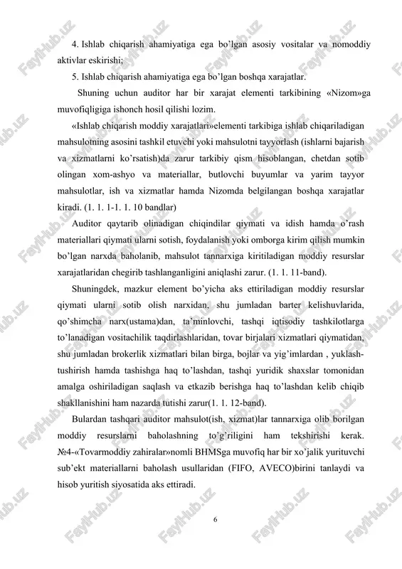 ridan, tovar birjalari xizmatlari qiymatidan, shu jumladan brokerlik xizmatlari bilan birga, bojlar va yig’imlardan , yuklash-tushirish hamda tashishga haq to’lashdan, tashqi yuridik shaxslar tomonidan amalga oshiriladigan saqlash va etkazib berishga haq to’lashdan kelib chiqib shakllanishini ham nazarda tutishi zarur(1. 1. 12-band). bulardan tashqari auditor mahsulot(ish, xizmat)lar tannarxiga olib borilgan moddiy resurslarni baholashning to’g’riligini ham tekshirishi kerak. №4-«tovarmoddiy zahiralar»nomli bhmsga muvofiq har bir xo’jalik yurituvchi sub’ekt materiallarni baholash usullaridan (fifo, aveco)birini tanlaydi va hisob yuritish siyosatida aks ettiradi. ishlab chiqarish xususiyatiga ega bo’lgan mehnat haqi xarajatlari. bu element bo’yicha xarajatlar ro’yxati «xarajatlar tarkibi . . . to’g’risidagi nizom»da batafsil berilgan. mahsulot (ish, xizmat) lar tannarxining mazkur elementini tekshirishda aniqlanadigan asosiy xato-bu xarajatlarning ishlab chiqarish yo’nalishi tamoyiliga rioya qilmaslikdir. auditor ish haqi hisoblashga doir dastlabki hujjatlar (ish vaqtini hisobga olish tabeli, ishbay ishlar uchun naryadlar, hisoblashuv-to’lov vedomostlari)ni tekshirish chog’ida boshqa faoliyat turlari (qurilish, madaniy- maishiy va sh. o’)da band bo’lgan xodimlarning mehnatiga …
