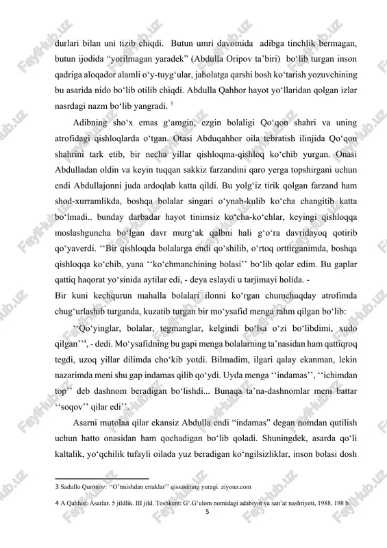 qaynadi, pishdi. “o‘tmishdan ertaklar”da a.qahhor bolalik yillarini eslar ekan, “kunlar g‘urbat bilan boshlanib, g‘urbat bilan tugardi”[footnoteref:5] degan jumlaning o‘zida o‘sha davrni nihoyatda ta’sirchan bo‘yoqlarda chizib bera olgan. asarda mungli soz ila chalingan har bir voqelik , ya’ni abdullaning murg‘ak ko‘nglidagi tuyg‘ular qo‘shiqqa aylanib jaranglaydi. asar davomidagi bu maxzun qo‘shiqlarni tinglar ekansiz abdullaning nuktadon yozuvchi bo‘lishida, so‘zni tejab-tejab ishlatishida bolaligining alohida o‘rni borligiga amin bo‘lasiz. badiiyatdagi bu mung va lakonizm abdulla qahhorning barcha asarlarida o‘zining tamg‘asini qo‘ya olgan. [5: a.qahhor. asarlar. 5 jildlik. iii jild. toshkent: g‘.g‘ulom nomidagi adabiyot va san’at nashriyoti, 1988. 220 b.] abdulla qahhor asarlaridagi, xususan, “o‘tmishdan ertaklar”dagi achinarli hayot tarzi, asardagi qorong‘ulik bu qusur yoki nuqsoni emas, asarning o‘ziga xos xususiyati va yutug‘idir. oilani tebratish uchun turli tirikchiliklar bilan shug‘ullansa-da omadi yurishmagan, insonlarning hayotiga turli yangiliklar olib kirgan, lekin ijobiy kutib olinmagan, buning o‘rniga qishloqlardan quvilavergan darbadar ota, yo‘qchilik azoblari u uchun ikkinchi, birinchi yurak oldirib qo‘ygan …