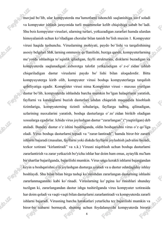 n bo‘lgan halaqitlarni yaratish, fayllarni va kataloglarni buzish dasturlari ishdan chiqarish maqsadida hisoblash tizimlariga, kompyuterning tizimli sohalariga, fayllarga tadbiq, qilinadigan, uzlarining nusxalarini yaratish, boshqa dasturlarga o‘zo‘zidan birikib oladigan xossalarga egadirlar. ichida virus joylashgan dastur “zararlangan” (“yuqtirilgan) deb ataladi. bunday dastur o‘z ishini boshlaganda, oldin boshqarishni virus o‘z qo‘liga oladi. virus boshqa dasturlarni topadi va “zarar-lantiradi”, hamda biror-bir zararli ishlarni bajaradi (masalan, fayllarni yoki diskda fayllarni joylashish jadvalini buzadi, tezkor xotirani “kirlantiradi” va x.k.) virusni niqoblash uchun boshqa dasturlarni zararlantirish va zarar yetkazish bo‘yicha ishlar har doim ham emas, aytaylik ma’lum bir shartlar bajarilganda, bajarilishi mumkin. virus unga kerakli ishlarni bajargandan keyin u boshqarishni o‘zi joylashgan dasturga uzatadi va u dastur odatdagiday ishlay boshlaydi. shu bilan bilan birga tashqi ko‘rinishdan zararlangan dasturning ishlashi zararlanmaganniki kabi ko‘rinadi. viruslarning ko‘pgina ko‘rinishlari shunday tuzilgan ki, zararlangandan dastur ishga tushirilganda virus kompyuter xotirasida har doim qoladi va vaqti-vaqti bilan dasturlarni zararlantiradi va kompyuterda zararli ishlarni …