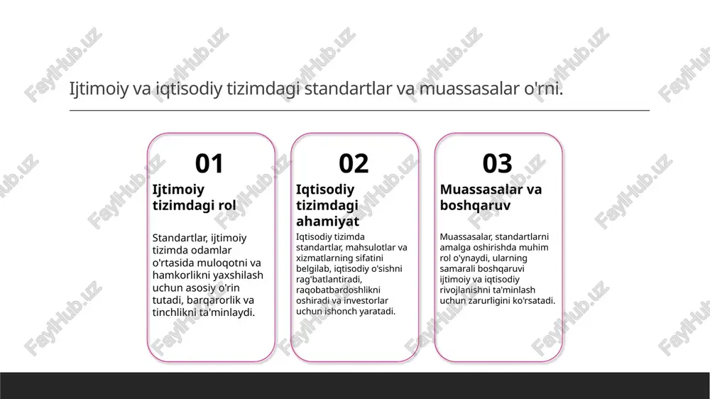 ing xilma-xil madaniyati va an'analarini mustahkamlashga yordam beradi. ta'lim tizimidagi o'zgarishlar ta'lim tizimida amalga oshirilayotgan islohotlar, sifatni oshirish va zamonaviy pedagogik metodlarni kiritish orqali, yosh avlodni global standartlarga tayyorlashga qaratilgan. madaniy standartlar va ularning ijtimoiy ahamiyati. 1 madaniy standartlar madaniy standartlar, jamiyatda qabul qilingan qadriyatlar va urf-odatlarni belgilaydi, bu esa ijtimoiy aloqalarni mustahkamlashga yordam beradi. 2 ijtimoiy ta'sir madaniy standartlar ijtimoiy muhitda o'zaro tushunishni va hamjihatlikni oshiradi, bu esa barqarorlik va farovonlikka olib keladi. 3 rivojlanish jarayonida madaniy standartlar, ijtimoiy taraqqiyot jarayonida muhim rol o'ynaydi, chunki ular yangi g'oyalar va innovatsiyalarni qabul qilishga yordam beradi. 4 o'zbekiston misoli o'zbekistonda madaniy standartlar xalqning tarixiy va madaniy merosini saqlashda, shuningdek, global integratsiyaga moslashishda muhim ahamiyatga ega. o'zbekistonda madaniy muassasalar va ularning roli. madaniy muassasalar o'zbekistonda madaniy muassasalar xalqning tarixiy va madaniy merosini saqlash va rivojlantirishda muhim rol o'ynaydi. ta'lim va san'at madaniy muassasalar, masalan, san'at galereyalari va ta'lim muassasalari, yosh avlodni tarbiyalashda …
