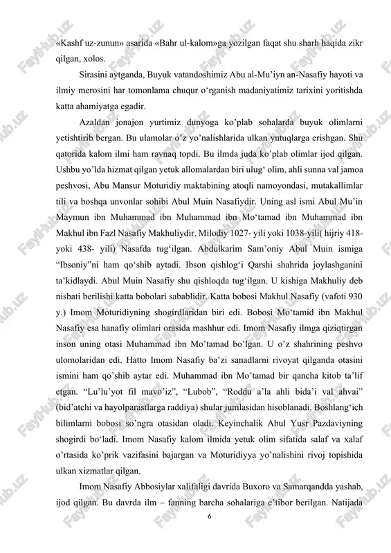 islomiy aqidaning bosh manbalaridan hisoblanadi. ayniqsa, islom dinida turli tuman oqimlar va ta’limotlar yaratilayotgan hozirgi davrda bu asarning ilmiy amaliy ahamyati beqiyosdir. “at-tamhid li qovaidit tavhid fi ilmil kalom”, “al-olim val mutaallim”, “al-umda fi usuli fiqh” “izohul ma hajati likavnilaql hujjatan” , “sharhul jomi’ul kabir lishshaybinuy fi furu’”, “manohijul aimmati fi furu’”, “mo’taqidot”. uning shogirdlari orasidan ahmad al-bazdaviy, ahmad ibn muhammad abul fath xulamiy 470 yili tug’ilgan. buxoro shaxrida yashab juda kop ilm sohibi bo’lgan. muhammad ibn ahmad ibn abu ahmad abu bakr alouddin samarqandiydir, u hanafiy olimlar orasida “tuhfatul fuqiho” nomli kitobi ila mashhurdir. melodiy 1180 yil vafot etgan. ibrohim saffor buxoriy, najmiddin umar nasafiy, abu bakr koshoniy, abul muzaffar toliqoniy kabi olimlar yetishib chiqqan. abul muin nasafiy asarlarining ko‘pi kalom ilmining turli masalalariga bag‘ishlangan. olimning “bahrul kalom fi ilmil kalom” asari moturidiya maktabining kalom bo‘yicha asosiy manbalaridan biridir. u o‘rta asrlarda katta shuhrat qozongan. olimning ushbu asari uchta …