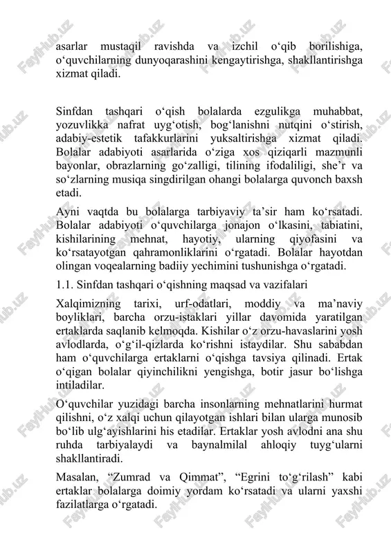 hsalar, so‘ngra bolalarning qiziqishlariga yaqin har xil mualliflarning bir mavzuga doir kitoblarini mustaqil tanlab o‘qishadi. bunga asosn o‘qituvchi o‘quvchilar bilan maktab kutubxonasiga 3-4-sinfdan boshlab muntazam ravishda sayohat uyushtiradi. bolalar adabiyot bilan muntazam tanishib boradilar. shuningdek, bolalar gazeta va jurnallar hamda o‘quvchilarga ertak, hikoyalar o‘qishga yordam beradi. sinfdan tashqari o‘qish darslari, o‘qish samaradorligini ijobiy tomonga ta’sir qilishning eng qulay usulidir. sinfda va sinfdan tashqari o‘qish darslari boshlang‘ich sinflarda o‘tiladigan barcha predmet dasturlarining bo‘limlari bilan bevosita bog‘liq. o‘qish darslarida o‘tilgan mavzular asosida badiiy kitoblar qahramonlarining nomlarini yozish, ularni tasvirlab berish, jiddiy rasmlar chizish, fikrni yakunlash uchun mos maqolalar yozish o‘quvchini ijod qilishga undaydi. har bir sinfda sinfdan tashqari o‘qilgan barcha asarlarni o‘quvchilarga mos ravishda bir voqeani sahnalashtirish mumkin. bu bolalarning nutqini rivojlantirishga, lug‘at boyligini oshirishga yordam beradi. shuningdek, sahnalashtirilgan asarni tomosha qilgan o‘quvchilarning diqqatlari oshib, xotiralarida saqlash qobiliyati o‘sadi. hatto sahnalashtirish o‘quvchini har tomonlama yo‘naltiradi, ya’ni aktyorlik qobiliyatini rivojlantiradi, suxandonlik, rejissyorlik kabi …