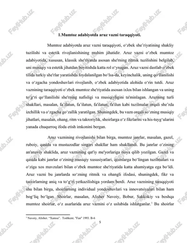 anrlararo bog‘lanishi ko‘zga tashlanadi. [1: navoiy, alisher. “xamsa”. toshkent. "fan" 1993. b-6] shu bilan birga, aruz vaznining taraqqiyoti, o‘zbek she'riyatida ijtimoiy va madaniy o‘zgarishlarga moslashish jarayonida ham namoyon bo‘lgan. yangi she'riy shakllar va janrlar, aruz vaznining rivojlanishida zarur bo‘lgan yangiliklarni taqdim etgan. aruz vaznining bu taraqqiyoti orqali o‘zbek mumtoz adabiyoti o‘zining badiiy imkoniyatlarini kengaytirgan va shakl hamda mazmun jihatidan boyigan. mumtoz adabiyotda aruz vaznining taraqqiyoti, shu bilan birga, she'riyatning ijtimoiy ahamiyatini ham oshirgan. aruzning nafaqat estetik, balki ma'naviy va axloqiy jihatlari ham, she'rlarda ishlatilgan she'riy motivlar va tasvirlar orqali adabiyotda o‘z ifodasini topgan. boshqacha qilib aytganda, aruz vaznining taraqqiyoti nafaqat musiqiy, balki ma'naviy bir shaklni ham ifodalagan, bu esa o‘zbek she'riyatining yuksak badiiy darajaga ko‘tarilishiga olib kelgan. mumtoz adabiyotda aruz vaznining taraqqiyoti juda murakkab va uzoq tarixiy jarayon bo‘lib, u nafaqat she'riyat shakllarini, balki butun o‘zbek adabiyotining rivojlanishini belgilab bergan. aruz vazni, dastlab, sharq she'riyatining qadimiy an'analari asosida shakllangan va …