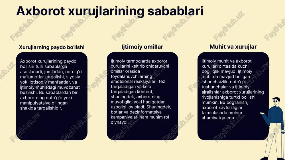 blari va oqibatlarini umumiy tarzda yoritish muhim. strategiyalar va texnologik yechimlar orqali axborot xavfsizligini ta'minlash, foydalanuvchilarni himoya qilish va ijtimoiy, iqtisodiy hamda madaniy ta'sirlarni kamaytirish muhimdir. foydalanuvchilarni himoya qilish, jamiyat va davlatning roli, hamda axborot xavfsizligini kuchaytirish uchun kelajakda takliflar ishlab chiqilishi zarur. foydalanilgan adabiyotlar 1. akbarov, i. axborot xavfsizligi va himoyasi: nazariyalar va amaliy yechimlar. o‘zbekiston milliy universiteti nashriyoti, 2020. 2. tursunov, s. ijtimoiy tarmoqlarda axborot tarqalishi va xavfsizlik muammolari. o‘zbekiston adabiyot va fanlar akademiyasi, 2019. 3. kadirov, m. axborot xurujlari va ularni oldini olish strategiyalari. tashkent davlat universiteti, 2021. 4. mamatov, a. ijtimoiy tarmoqlarda axborot xavfsizligi: muammolar va yechimlar. «o‘zbekiston axborot va kommunikatsiya texnologiyalari» jurnali, 2022, 15(3), 45-60. 5. yusufov, d. axborot tarqalishining ijtimoiy va iqtisodiy ta'siri. toshkent davlat universiteti nashriyoti, 2018. e'tiboringiz uchun rahmat! designed by slides carnival image1.png image2.png image4.png image8.png image9.png image10.png image11.png image5.png image13.jpg image14.jpg image15.jpg image6.png image7.png image12.png