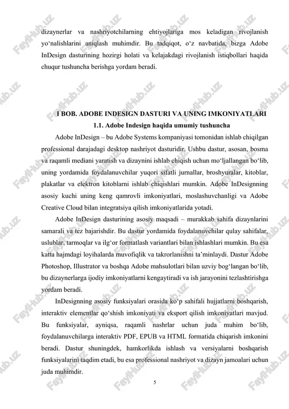 sh, interaktiv elementlar qo‘shish imkoniyati va eksport qilish imkoniyatlari mavjud. bu funksiyalar, ayniqsa, raqamli nashrlar uchun juda muhim bo‘lib, foydalanuvchilarga interaktiv pdf, epub va html formatida chiqarish imkonini beradi. dastur shuningdek, hamkorlikda ishlash va versiyalarni boshqarish funksiyalarini taqdim etadi, bu esa professional nashriyot va dizayn jamoalari uchun juda muhimdir. adobe indesign dasturining jamiyatdagi o‘rnini alohida ta’kidlash mumkin. u elektron nashriyot sohasida inqilob yasagan dastur bo‘lib, yuqori sifatli nashrlarni yaratishni keng ommaga ochiqlagan. yirik nashriyot uylari, reklama agentliklari va mustaqil dizaynerlar uning imkoniyatlaridan keng foydalanadilar. dastur doimiy ravishda yangilanib, yangi funksiyalar bilan boyitilmoqda. so‘nggi yangilanishlarda epub eksportining yaxshilanishi, foydalanish qulayligi va raqamli interaktiv kontent uchun qo‘shimcha imkoniyatlar kiritilgan. shu bilan birga, adobe indesign dasturining kamchiliklari ham mavjud. ularni o‘rganish boshlang‘ich foydalanuvchilar uchun biroz qiyinchilik tug‘dirishi mumkin, shuningdek, dastur “subscription” asosida narxlash tizimida bo‘lib, bu esa ba’zi foydalanuvchilar uchun qulay emas. bundan tashqari, raqobatchi dasturlar va avtomatlashtirish imkoniyatlarini kengaytirish bo‘yicha muhokamalar davom …