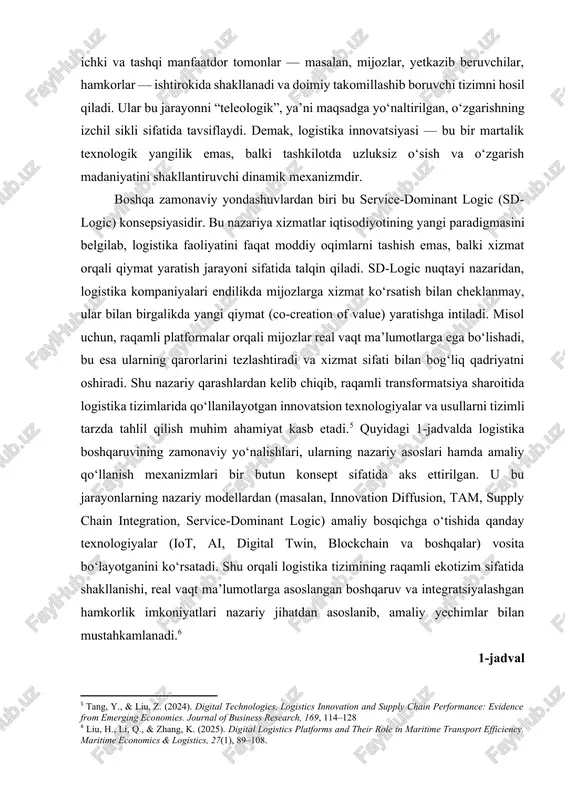 on capability (lic) modeli logistika innovatsiyasini tashkilotning ichki salohiyati bilan uzviy bog‘laydi. ularning fikricha, innovatsion texnologiyalarni joriy etishdan oldin tashkilotda kuchli boshqaruv madaniyati, texnologik tayyorgarlik va strategik yo‘nalish bo‘lishi zarur. bu model logistika innovatsiyasining muvaffaqiyati nafaqat texnik vositalarga, balki inson kapitali, rahbarlik sifati va bilim boshqaruviga ham bog‘liqligini ko‘rsatadi.[footnoteref:4] [4: wang, m., jie, f., & abareshi, a. (2020). logistics innovation capability and its impact on supply chain sustainability. sustainability, 12(5)] shu bilan bir qatorda, gammelgaard va boshqalar logistika innovatsiyasini jarayon sifatida ko‘rib chiqadilar. ularning tadqiqotida innovatsion o‘zgarishlar ichki va tashqi manfaatdor tomonlar — masalan, mijozlar, yetkazib beruvchilar, hamkorlar — ishtirokida shakllanadi va doimiy takomillashib boruvchi tizimni hosil qiladi. ular bu jarayonni “teleologik”, ya’ni maqsadga yo‘naltirilgan, o‘zgarishning izchil sikli sifatida tavsiflaydi. demak, logistika innovatsiyasi — bu bir martalik texnologik yangilik emas, balki tashkilotda uzluksiz o‘sish va o‘zgarish madaniyatini shakllantiruvchi dinamik mexanizmdir. boshqa zamonaviy yondashuvlardan biri bu service-dominant logic (sd-logic) konsepsiyasidir. bu …