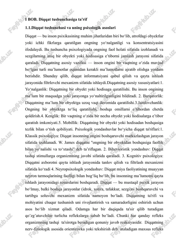 ash jarayonidagi resurslarini boshqaradi. diqqat — bu mustaqil psixik jarayon bo‘lmay, balki boshqa jarayonlar (idrok, xotira, tafakkur, sezgi)ni boshqaruvchi va tartibga soluvchi mexanizm sifatida namoyon bo‘ladi. diqqatning ta'rifi va mohiyatini chuqur tushunish uni rivojlantirish va samaradorligini oshirish uchun asos bo‘lib xizmat qiladi. odamga har bir daqiqada ta'sir qilib turadigan qo’zg’atuvchilar turlicha reflekslarga sabab bo’ladi. chunki har qanday refleks organizmning tashqi ta'sirotga beradigan qonuniy javob reaksiyasidir. diqqatning nerv-fiziologik asosida orientirovka yoki tekshirish deb ataladigan maxsus refleks yotadi. bunday refleksni akademik i.p.pavlov maxsus ibora bilan "bu nima gap refleksi" deb ham ataydi. ana shu refleks odatda organizmga to’satdan birorta yangi narsaning ta'siri yoki haddan tashqari kuchli ta'sirot orqali hosil bo’ladi. orientirovka yoki tekshirish refleksi diqqatning fiziologik asosi hisoblanadi, chunki bu refleks bosh miya yarim sharlarining po’stida kuchli qo’zg’alish jarayonidan iborat bo’ladi. boshqacha qilib aytganda har bir daqiqada organizmga turli narsalarning ta'siridan hosil bo’lgan qo’zg’alishlarga nisbatan orientirovka yoki tekshirish refleksi ayni chog’da nisbatan …