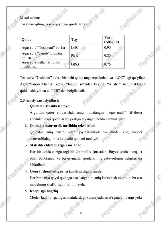 ilgan qoidalarni avtomatik o‘rganilgan qoidalar bilan birlashtirish mumkin, bu esa modelni yanada kuchaytiradi. kamchiliklari: keng umumlashtira olmaydi: algoritm faqat o‘rgatilgan qoidalar asosida ishlaydi, shu sababli ilgari uchramagan so‘z yoki tuzilmalarni to‘g‘ri aniqlay olmasligi mumkin. murakkab tillarda yoki katta korpuslarda zaiflashadi: til qoidalari murakkab bo‘lgan holatlarda yoki juda katta hajmdagi matnlarda bu yondashuv cheklangan bo‘lishi mumkin. 6. xatoliklar to‘planib borishi mumkin: avvalgi noto‘g‘ri aniqlangan qoidalar keyingi qoidalarga ham salbiy ta’sir ko‘rsatishi ehtimoli bor. 1. yuqori aniqlikka erishish uchun ehtiyotkorlik bilan qoidalar tanlash zarur: qoidalar orasida ustuvorlik (priority) noto‘g‘ri belgilansa, bu umumiy natijaga salbiy ta’sir ko‘rsatadi. 2.4 algoritm arxitekturasi: tabiiy tilni qayta ishlash (natural language processing – nlp) tabiiy tilni qayta ishlash (nlp) – bu kompyuter tizimlari yordamida inson tili bilan bog‘liq ma’lumotlarni avtomatik tarzda tahlil qilish, tushunish va qayta ishlashni o‘rganuvchi sun’iy intellekt sohasidir. nlp texnologiyalari orqali kompyuterlar inson tomonidan yozilgan yoki aytilgan matn va nutqni qayta ishlash, ularni tushunish, tegishli …
