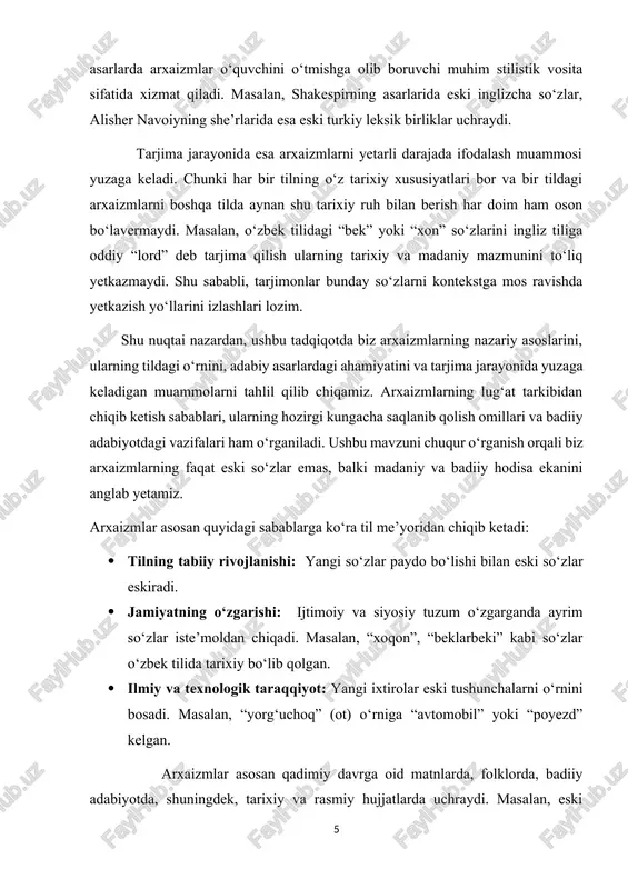 asosan qadimiy davrga oid matnlarda, folklorda, badiiy adabiyotda, shuningdek, tarixiy va rasmiy hujjatlarda uchraydi. masalan, eski o‘zbek tilidagi “erdi” (edi), “kimsa” (kimdir), “olam aro” (dunyo bo‘ylab) so‘zlari bugungi kunda ishlatilmasa-da, badiiy matnlarda uchrashi mumkin. 1. arxaizmlarning turlari. tilshunoslikda arxaizmlar bir nechta turlarga bo‘linadi. ularning har biri tildagi eskirgan birliklarning turli jihatlarini aks ettiradi. 1. leksik arxaizmlar bu guruhga zamonaviy tilning faol lug‘atidan chiqib ketgan, lekin o‘rniga boshqa so‘zlar kirgan birliklar kiradi. masalan: “nikohxona” (eski) - “fhdyo bo‘limi” (yangi) “tug‘yon” (eski) - “qo‘zg‘olon” (yangi) “farmon” (eski) - “buyruq” (yangi) “savlat” (eski) - “joziba” (yangi) bunday arxaizmlar asosan tarixiy asarlarda yoki badiiy matnlarda qo‘llaniladi. 2. fonetik arxaizmlar bular o‘zining eski talaffuz shaklini yo‘qotgan, lekin ma’nosi saqlanib qolgan so‘zlardir. masalan: “qo‘yun” (eski) - “qo‘y” (yangi) “nechuk” (eski) - “nega” (yangi) ba’zan fonetik arxaizmlar shoirlar tomonidan poetik ohang yaratish uchun ishlatiladi. 3. morfologik arxaizmlar bular eskirgan grammatik shakllar bo‘lib, hozirgi zamonaviy tilda qo‘llanilmaydi. masalan: …