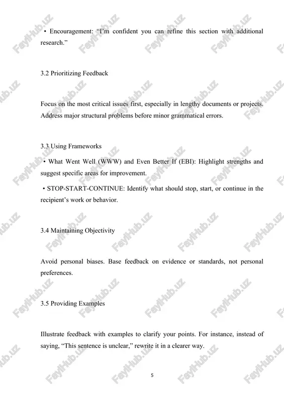 arify your points. for instance, instead of saying, “this sentence is unclear,” rewrite it in a clearer way. section 4: challenges in giving written feedback 4.1 misinterpretation written communication lacks non-verbal cues, which can lead to misunderstandings of tone or intent. 4.2 balancing criticism and positivity overly critical feedback can demotivate, while overly positive feedback can lack substance. 4.3 cultural differences cultural and linguistic differences can influence how feedback is perceived. the intended message may not always align with how the recipient interprets the feedback, especially in written or digital formats. 5.3 cultural differences cultural norms influence how feedback is given and received. for instance, in some cultures, direct feedback is valued, while in others, indirect approaches are preferred. 5.4 lack of training not everyone is trained in providing feedback effectively, leading to poorly delivered messages that may harm relationships or fail to inspire improvement. 6. strategies for effective feedback …