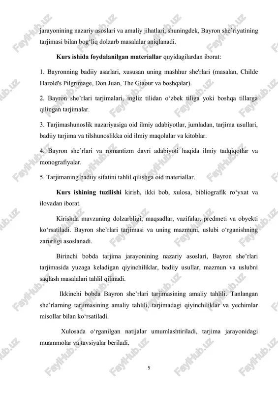 tiladi. bayron she’rlari tarjimasi va uning mazmuni, uslubi o‘rganishning zarurligi asoslanadi. birinchi bobda tarjima jarayonining nazariy asoslari, bayron she’rlari tarjimasida yuzaga keladigan qiyinchiliklar, badiiy usullar, mazmun va uslubni saqlash masalalari tahlil qilinadi. ikkinchi bobda bayron she’rlari tarjimasining amaliy tahlili. tanlangan she’rlarning tarjimasining amaliy tahlili, tarjimadagi qiyinchiliklar va yechimlar misollar bilan ko‘rsatiladi. xulosada o‘rganilgan natijalar umumlashtiriladi, tarjima jarayonidagi muammolar va tavsiyalar beriladi. i bob. bayron she'rlarining mazmuni va tarjimasida uchraydigan muammolar 1.1. bayron she'rlari va ularning mazmuni bayron (george gordon bayron) — ingliz romantizmi va badiiy adabiyotining eng mashhur va ta’sirli shaxslaridan biridir. u 1788-yilda tug‘ilgan va 1824-yilda vafot etgan, o‘zining she’riy merosi bilan adabiyot tarixiga katta iz qoldirdi. bayronning she’rlari xususiyati, nafaqat o‘zining romantik nuqtai nazari, balki uning zamonasi, jamiyatning o‘zgarishi, individualizm va qahramonlik g‘oyalariga bo‘lgan yondoshuvini ko‘rsatadi. bayron she’riyatining mazmuni, shu bilan birga, o‘zining bosh qahramonlari, to‘g‘riroq aytganda, qahramonlikning individualistik tushunchasini aks ettiradi. bayronning she’rlaridagi mazmun uning o‘ziga xos …