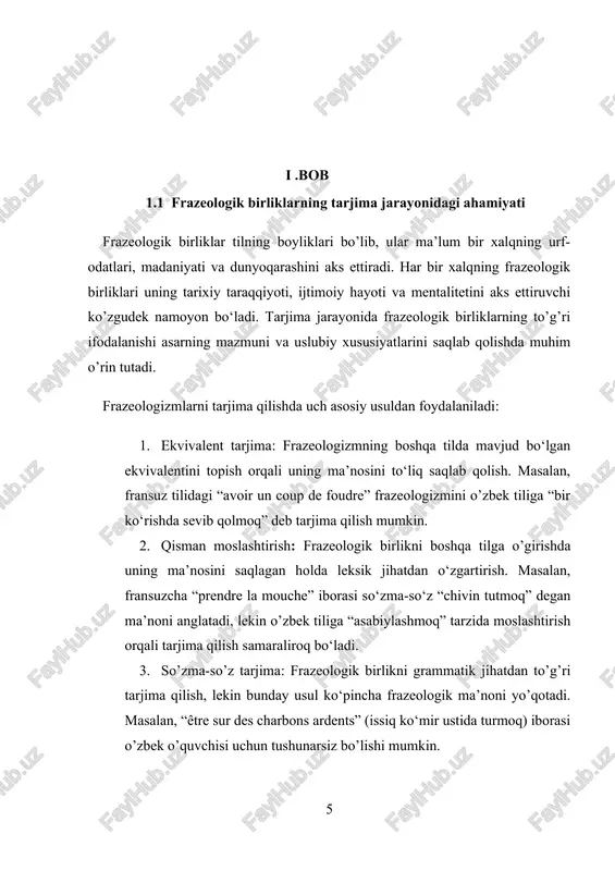 o‘g‘ri yoki shunchaki so’zma-so’z tarjima qilinsa, personajlarning individualligiga zarar yetadi. · masalan, gorio otaning hayotiy qarashlari va hissiyotlari frazeologik iboralar orqali boyitilgan bo‘lib, ularni tarjimada mos ravishda ifodalash personaj obrazini to‘laqonli yetkazadi. ekspressivlik va obrazlilikni saqlash · frazeologik birliklar asarda hissiyotlarni kuchaytirish, obrazlarni jonlantirish va asar mazmunini boyitish vositasi hisoblanadi. tarjimada bu birliklarning asliyatdagi obrazli va ekspressiv ma’nosini saqlash asar ruhini to‘g‘ri yetkazishga yordam beradi. · misol uchun, “se serrer la ceinture” (kamarni mahkamroq bog‘lash: qiyinchiliklarga bardosh berish) kabi iborani o’zbek tilidagi “belni mahkam bog‘lash” iborasi bilan tarjima qilish mumkin, bu iboraning ekspressivligini saqlaydi. frazeologizmlarning semantik mosligi · ba’zi frazeologik birliklar boshqa tilda to‘g‘ridan-to’g’ri ekvivalentga ega bo‘lmaydi. bunday holatlarda tarjimon birikmaning asosiy ma’nosini saqlab, uni kontekstga mos ravishda o‘zgartirishi kerak. · masalan, fransuz tilidagi “avoir d'autres chats à fouetter” (boshqa mushuklarni qamchilash: muhimroq ishlar bor) iborasini o’zbek tiliga “boshqa qiladigan ishlari bor” tarzida moslashtirish lozim. 1. frazeologizmlarni o‘rganish va ekvivalentlarini …