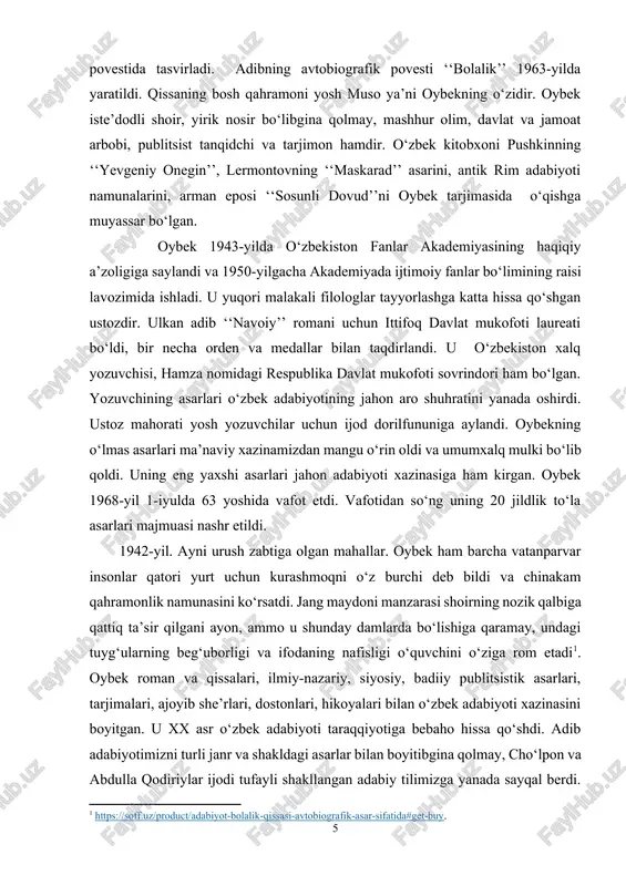 undagi tuyg‘ularning beg‘uborligi va ifodaning nafisligi o‘quvchini o‘ziga rom etadi[footnoteref:1]. oybek roman va qissalari, ilmiy-nazariy, siyosiy, badiiy publitsistik asarlari, tarjimalari, ajoyib she’rlari, dostonlari, hikoyalari bilan o‘zbek adabiyoti xazinasini boyitgan. u xx asr o‘zbek adabiyoti taraqqiyotiga bebaho hissa qo‘shdi. adib adabiyotimizni turli janr va shakldagi asarlar bilan boyitibgina qolmay, cho‘lpon va abdulla qodiriylar ijodi tufayli shakllangan adabiy tilimizga yanada sayqal berdi. oybek ijodi xalq turmushi, uning ruhiy va ma’naviy dunyosining serqirraligi va go‘zalligini aks ettiruvchi badiry lavhalarga boy. shu bilan birga adibning kishini oyga toldiradigan, o‘tmishning og‘ir kunlarini, kishilarning chor nochor ahvolini ko‘rsatadigan asarlari ham talaygina. ana shunday asarlaridan biri ‘‘fanorchi ota’’ hikoyasidir. badily asarlarni talqin etishda tilning imkoniyatlari nihoyatda beqiyos[footnoteref:2]. nutqda so‘zdan o‘rinli foydalanish, nutq uslublarining o‘zaro aloqasi asar tilining jonli tarzda namoyon bo‘lishini taqozo qiladi. [1: https://soff.uz/product/adabiyot-bolalik-qissasi-avtobiografik-asar-sifatida#get-buy.] [2: https://tafakkur.net/muso-toshmuhammad-ogli-oybek.haqida. ] oybek uchun ijod yashash tarzi edi. u hatto xasta paytida ham o‘zini ijodiy mehnatsiz tasavvur etmagan. shuning uchun ham …