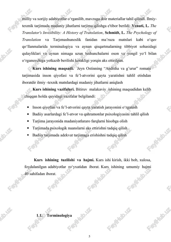 dagi vazifalar belgilandi: · inson qiyofasi va fe’l-atvorini qayta yaratish jarayonini o‘rganish · badiiy asarlardagi fe’l-atvor va qahramonlar psixologiyasini tahlil qilish · tarjima jarayonida madaniyatlararo farqlarni hisobga olish · tarjimada psixologik nuanslarni aks ettirishni tadqiq qilish · badiiy tarjimada adekvat tarjimaga erishishni tadqiq qilish kurs ishining tuzilishi va hajmi. kurs ishi kirish, ikki bob, xulosa, foydalanilgan adabiyotlar ro‘yxatidan iborat. kurs ishining umumiy hajmi 40 sahifadan iborat. 1.1. terminologiya texnik terminologiyaning ayrim nazariy va amaliy masalalari abdullaeva fotima jdpu annotatsiya. maqolada terminologik tizimni yuzaga keltirishda qator usullar mavjud ekanligini ko‘rsatib bergan. bu esa ingliz terminshunosligi uchun ham, o‘zbek terminshunosligi uchun ham birdek muhim sanaladi. ma’lumki, ilmiy-texnik terminologiyaga bag‘ishlangan ishlarning deyarli barchasida u yoki bu sohaning muayyan tushunchalarini anglatadigan, leksik definitsiyaga ega bo‘lgan va, asosan, nominativ funksiyani bajaradigan lisoniy birliklar termin sifatida hisoblanadi deb qaraladi. hanuzgacha qaysi so‘z turkumlarini termin deb hisoblash borasidagi munozara davom etib kelmoqda. kalit so‘zlar: leksik, terminshunoslik, texnik, …